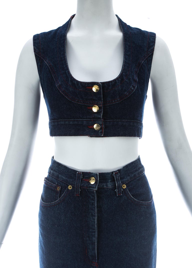 Vivienne Westwood blue denim skirt and vest set, c. 1990s at 1stDibs | vivienne westwood denim skirt