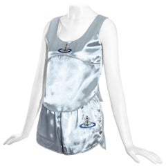 Vivienne Westwood blue satin embroidered orb boxing shorts and vest, ss 1993