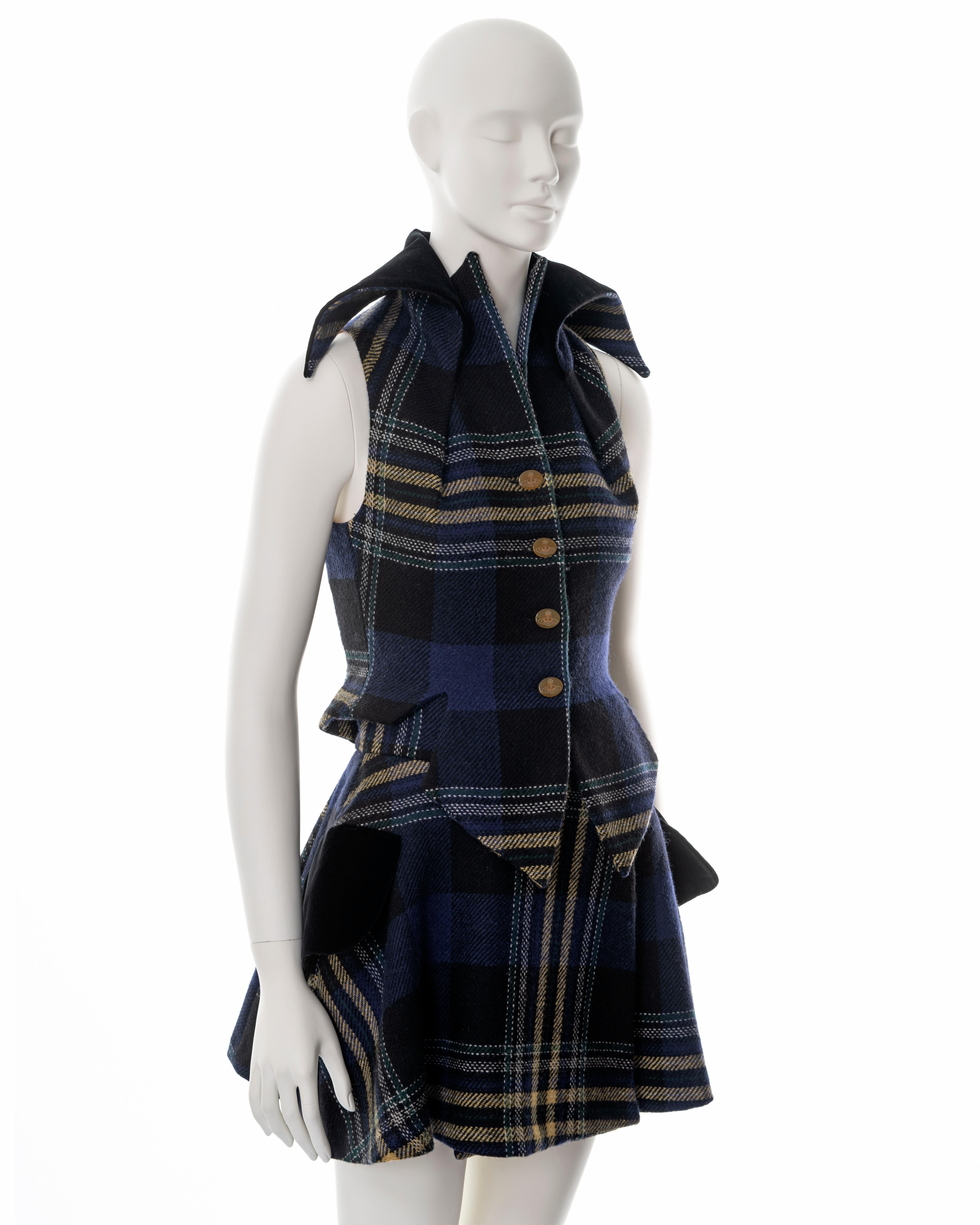 Women's Vivienne Westwood blue tartan wool waistcoat and skirt set, fw 1994 For Sale