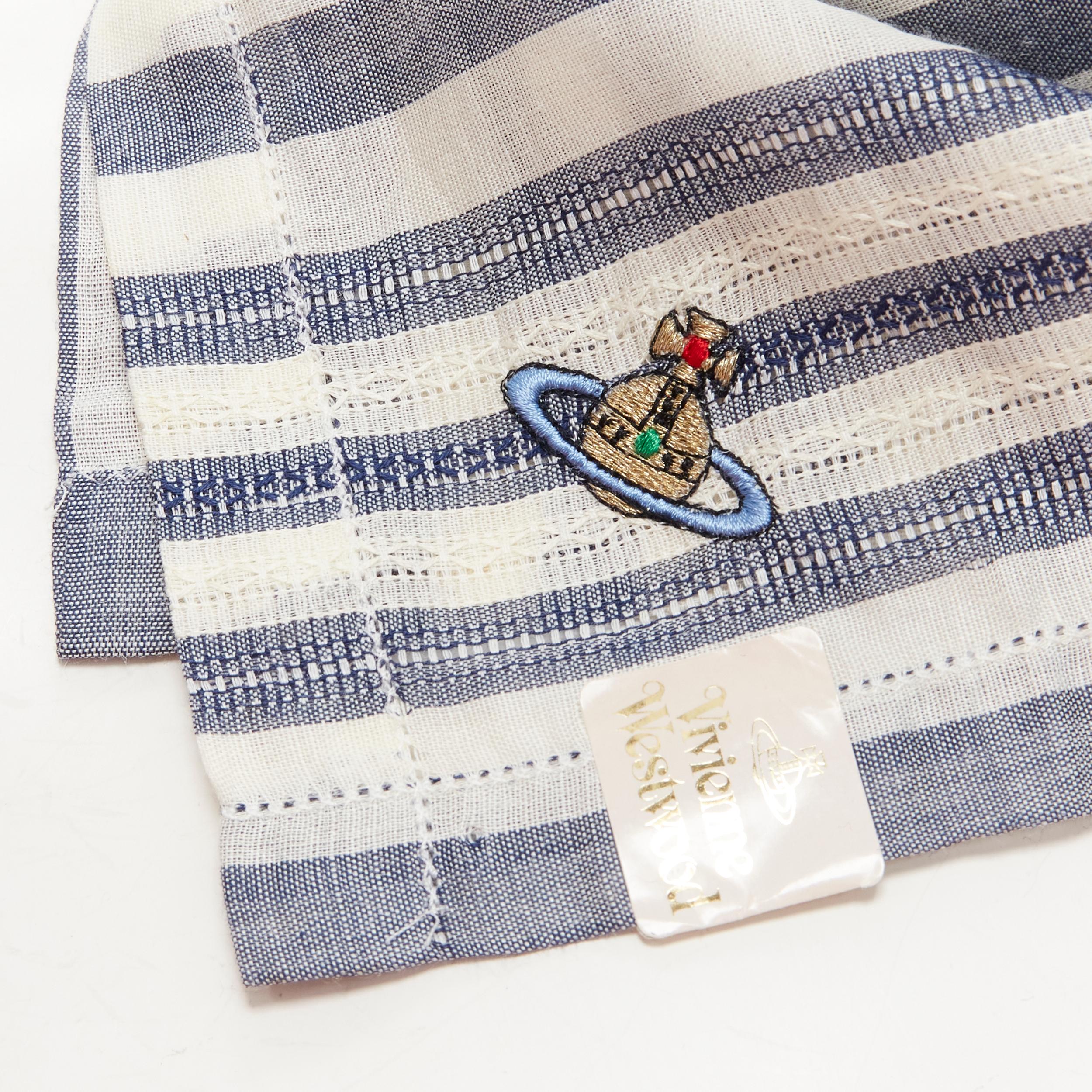 VIVIENNE WESTWOOD blue white nautical stripe orb logo handkerchief neckscarf 
Reference: CRTI/A00729 
Brand: Vivienne Westwood 
Material: Cotton 
Color: Blue 
Pattern: Striped 
Extra Detail: Orb logo embroidery 
Made in: Japan 

CONDITION: