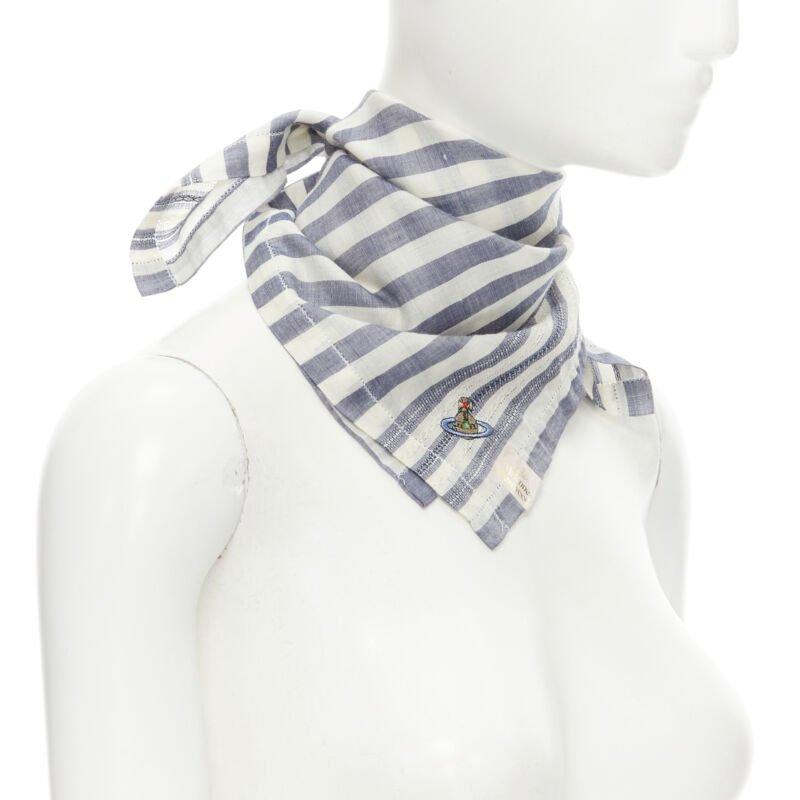 Gray VIVIENNE WESTWOOD blue white nautical stripe orb logo handkerchief neckscarf For Sale