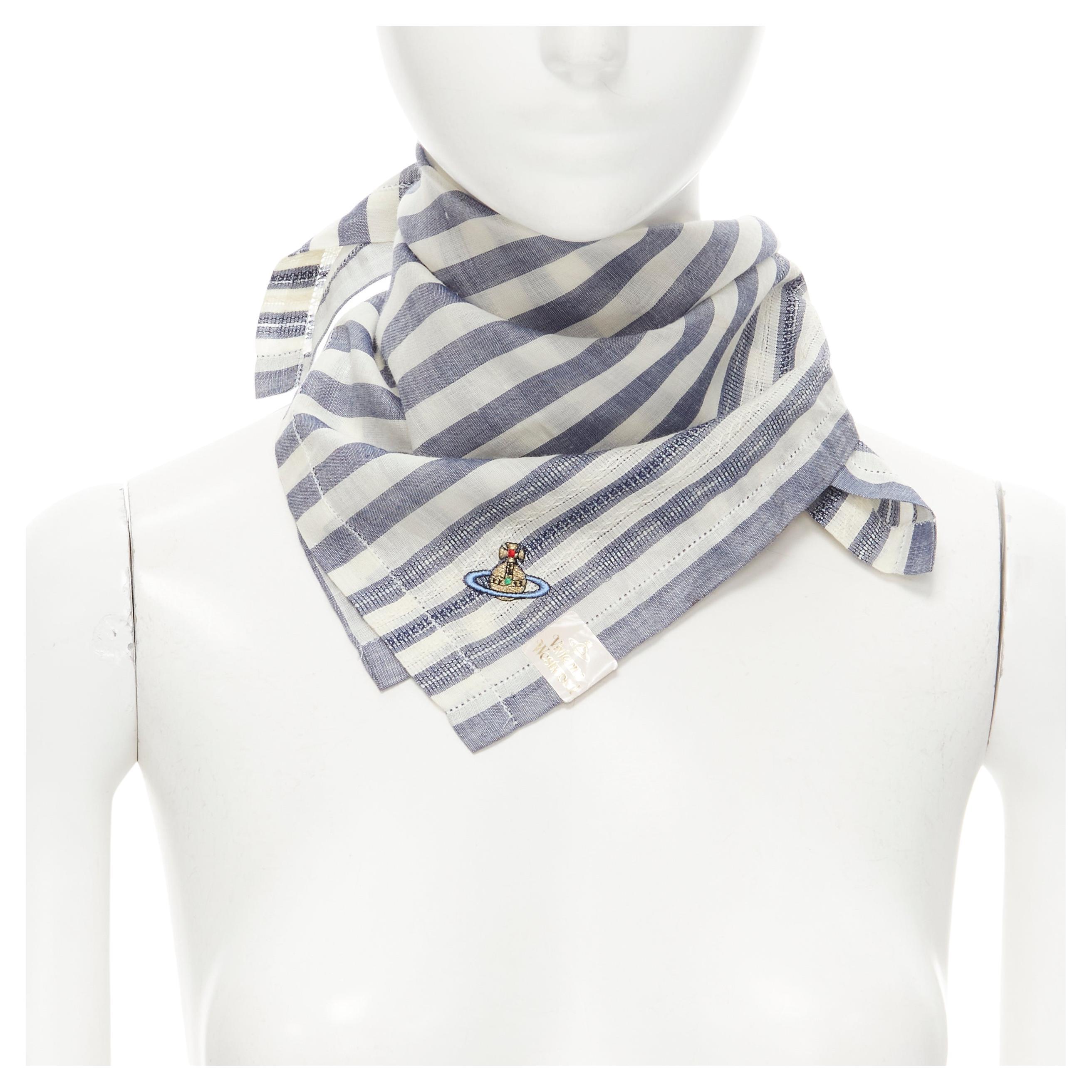 VIVIENNE WESTWOOD blue white nautical stripe orb logo handkerchief neckscarf For Sale