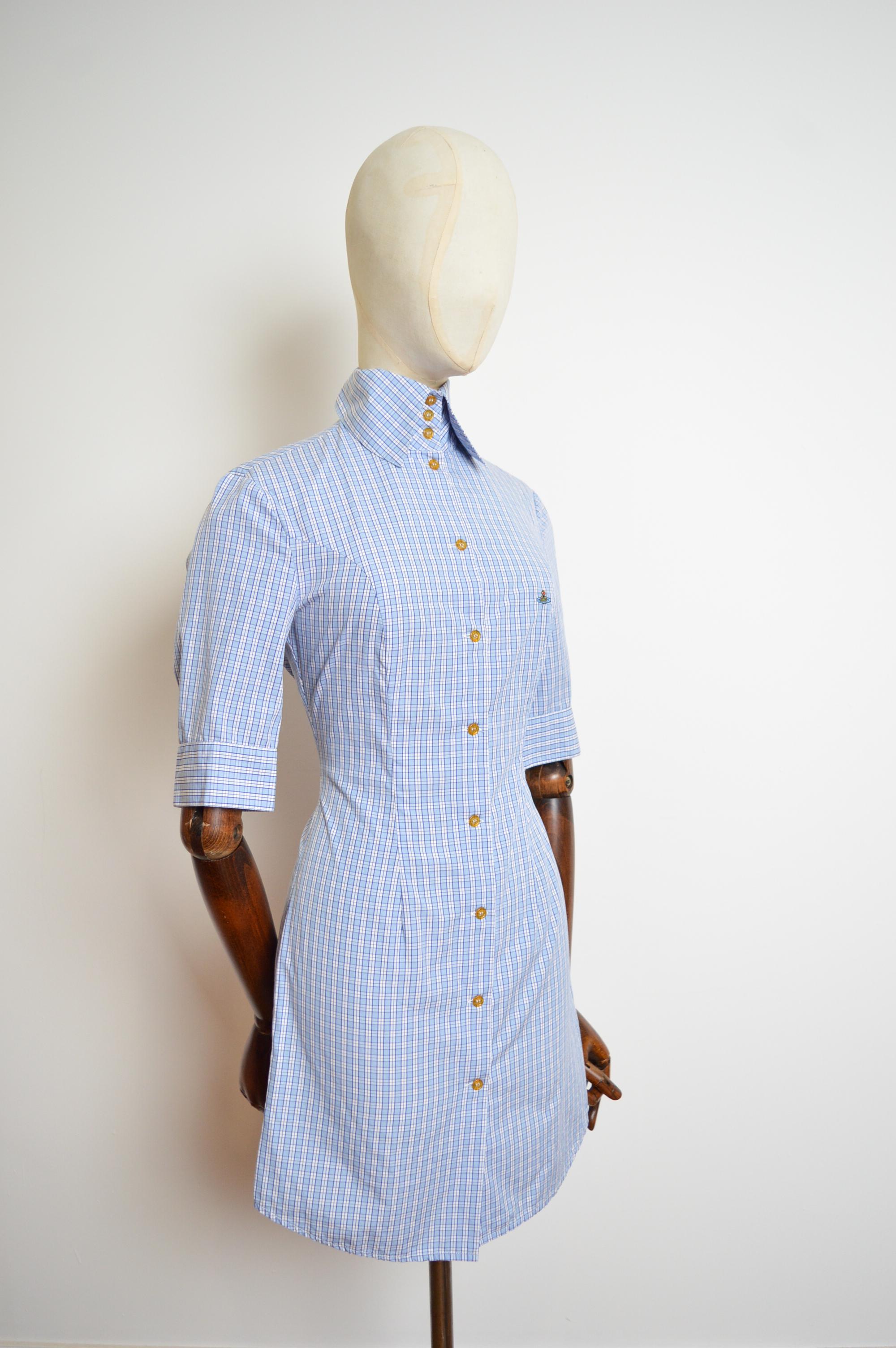 Vivienne Westwood Blue & White Plaid Checked High Collar shirt dress circa 1994 6