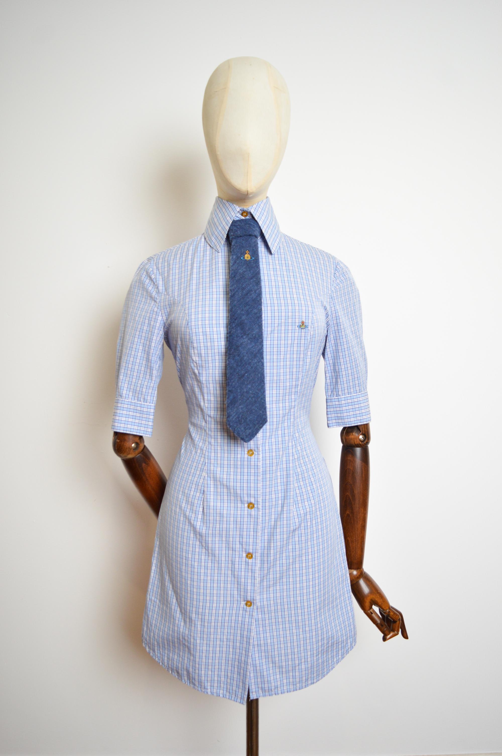 Vivienne Westwood Blue & White Plaid Checked High Collar shirt dress circa 1994 In Good Condition In Sheffield, GB