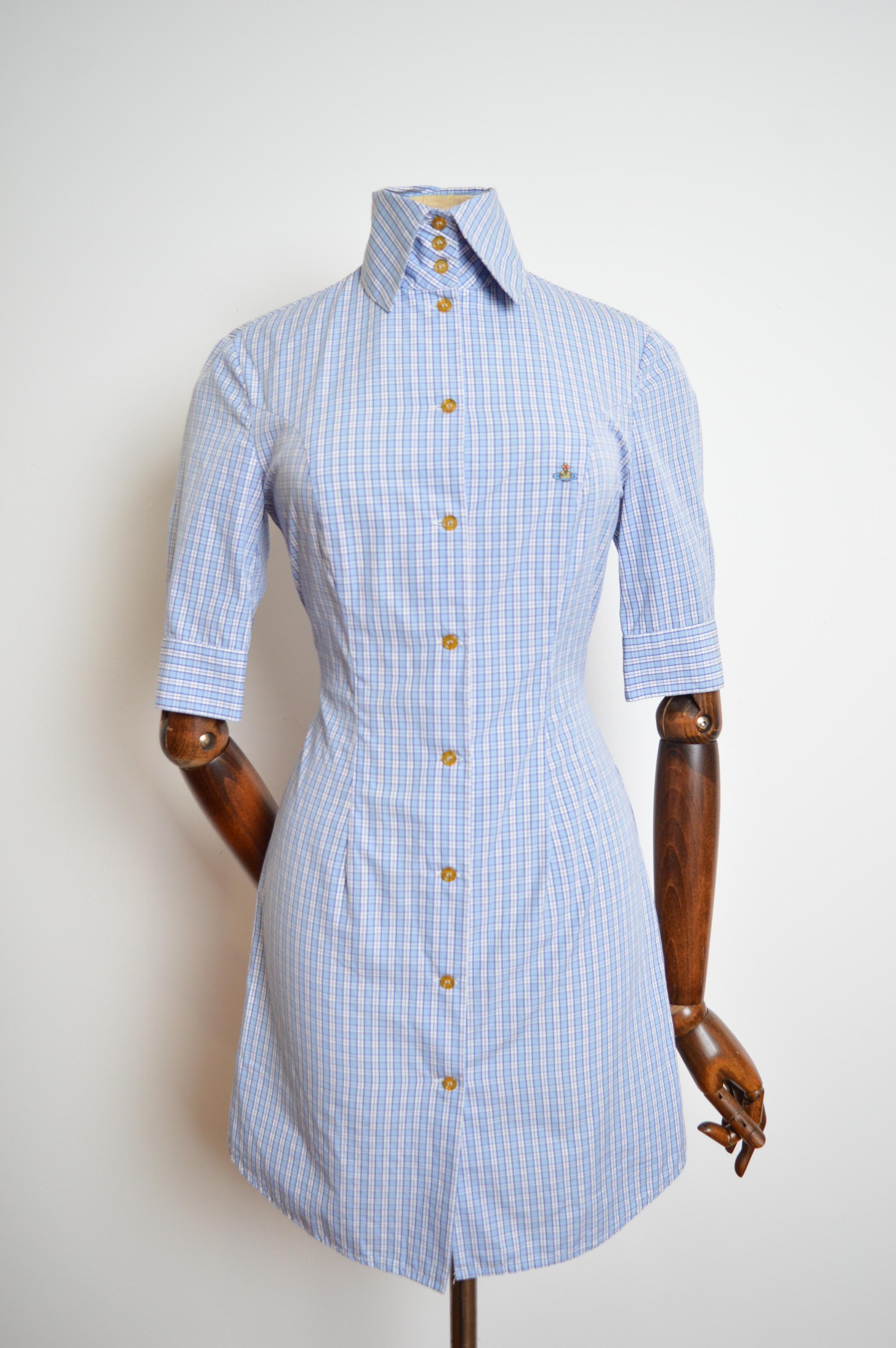 Vivienne Westwood Blue & White Plaid Checked High Collar shirt dress circa 1994 1