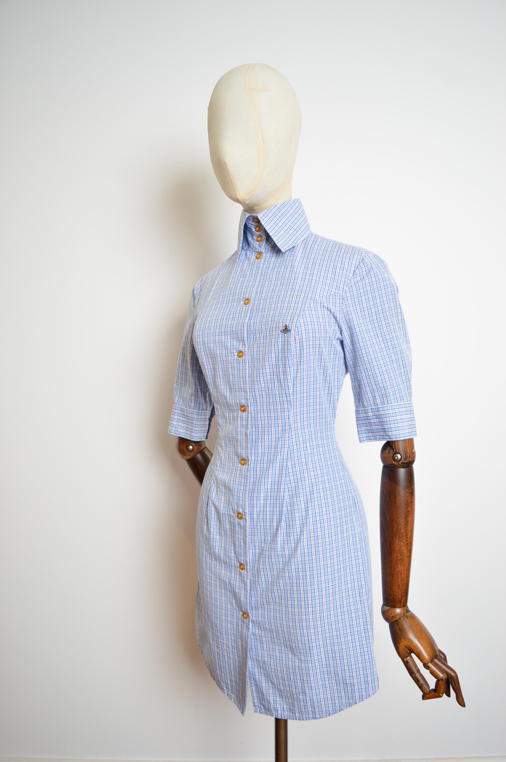 Vivienne Westwood Blue & White Plaid Checked High Collar shirt dress circa 1994 3