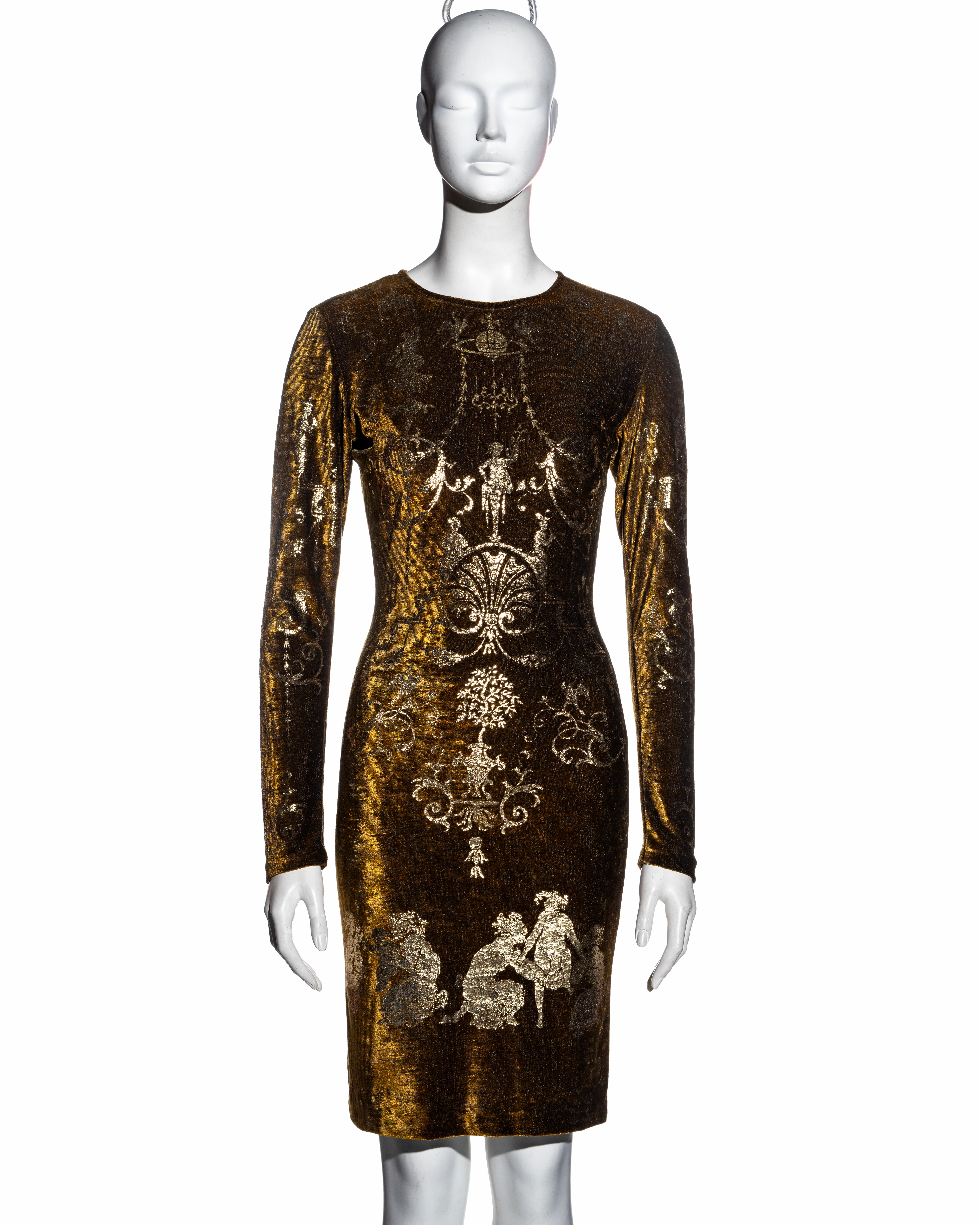 ▪ Vivienne Westwood bronze stretch-velvet evening dress
▪ Gold foil neoclassical print inspired by Andre-Charles Boulle
▪ Concealed zipper at center-back 
▪ Size Medium
▪ Fall-Winter 1990
▪ 70% Rayon, 30% Nylon
▪ Made in England