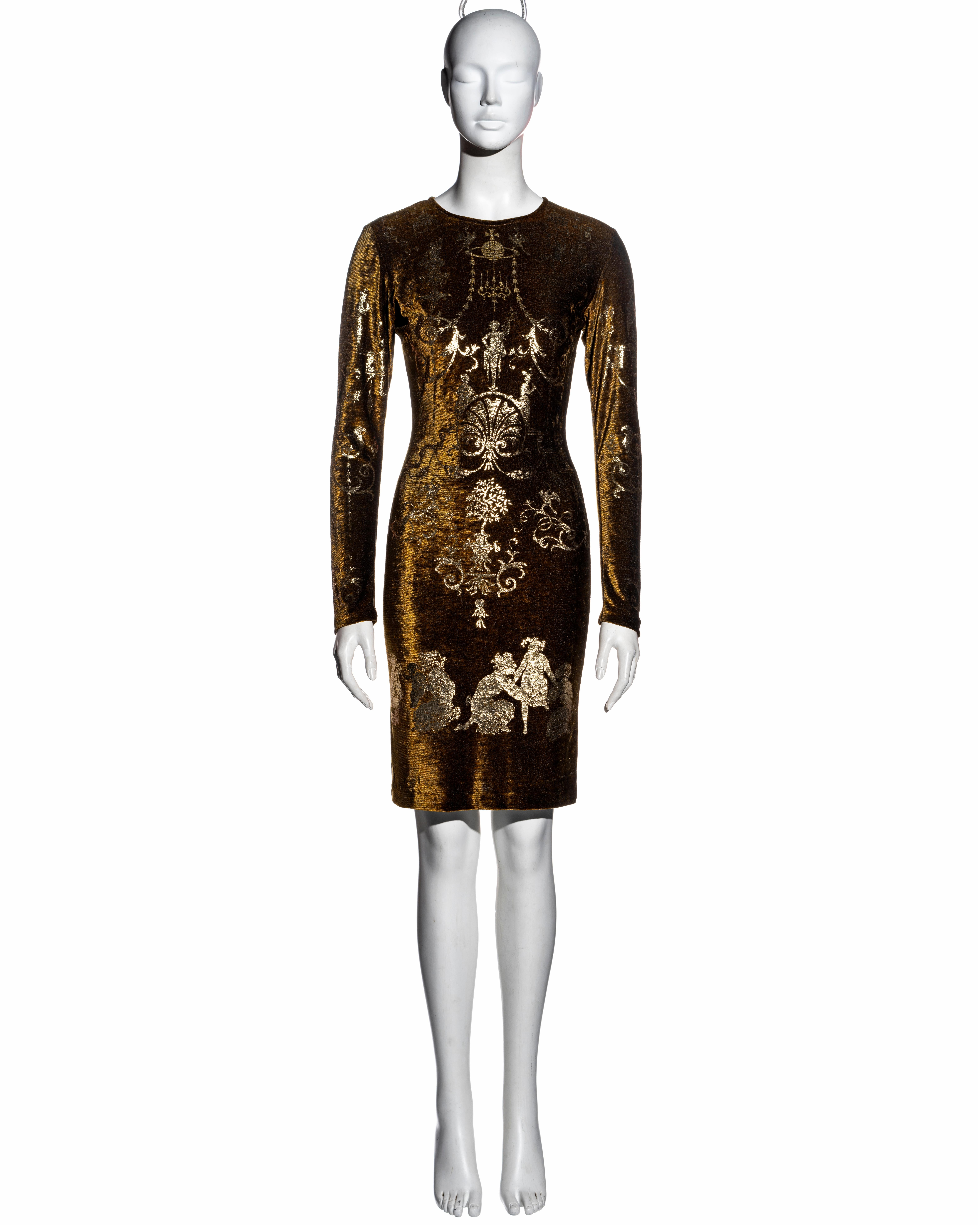 Vivienne Westwood Bronzefarbenes Kleid aus Stretch-velvet und goldenem Folie mit Stretch-Druck, H/W 1990 (Schwarz) im Angebot