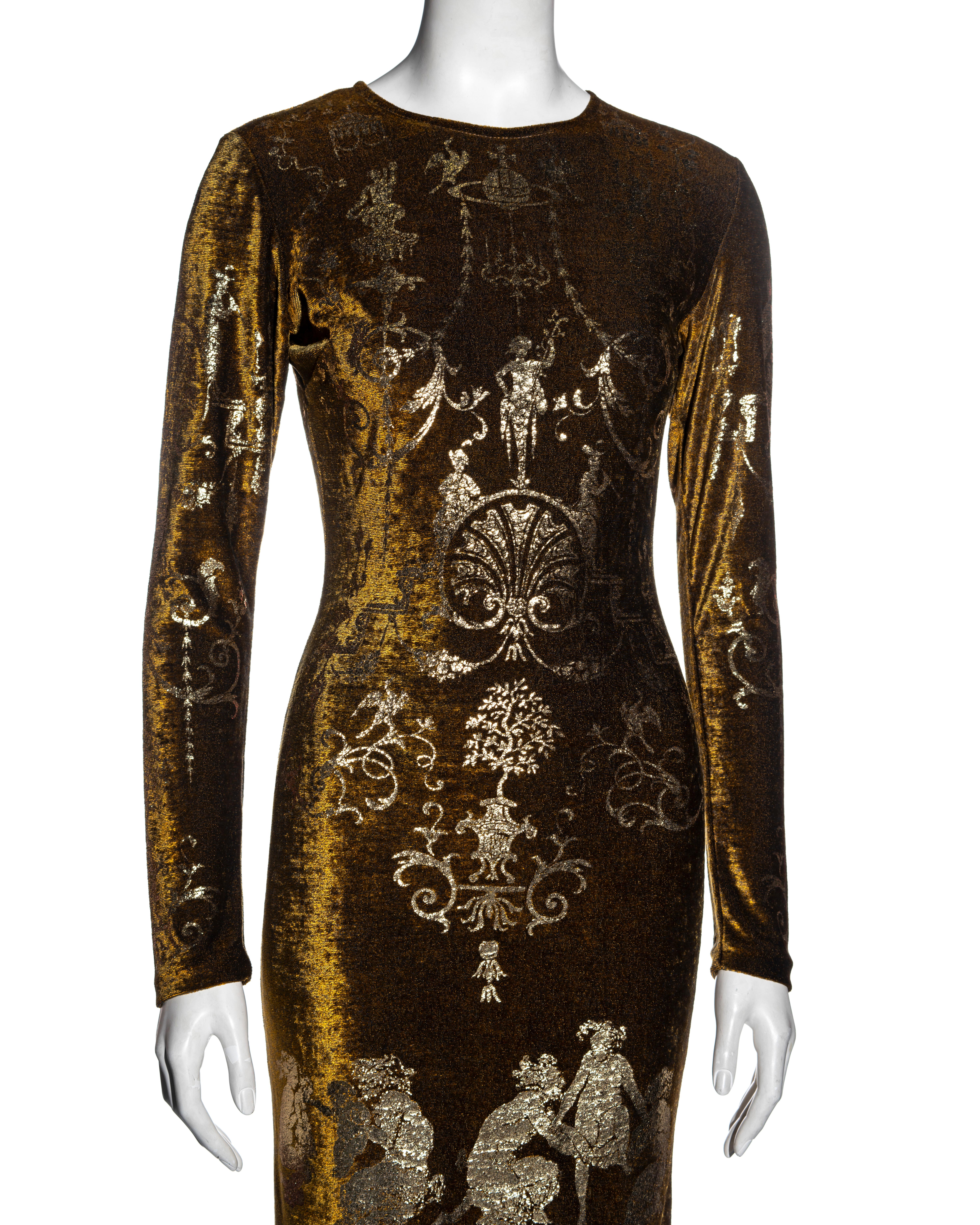 Vivienne Westwood Bronzefarbenes Kleid aus Stretch-velvet und goldenem Folie mit Stretch-Druck, H/W 1990 im Zustand „Gut“ im Angebot in London, GB