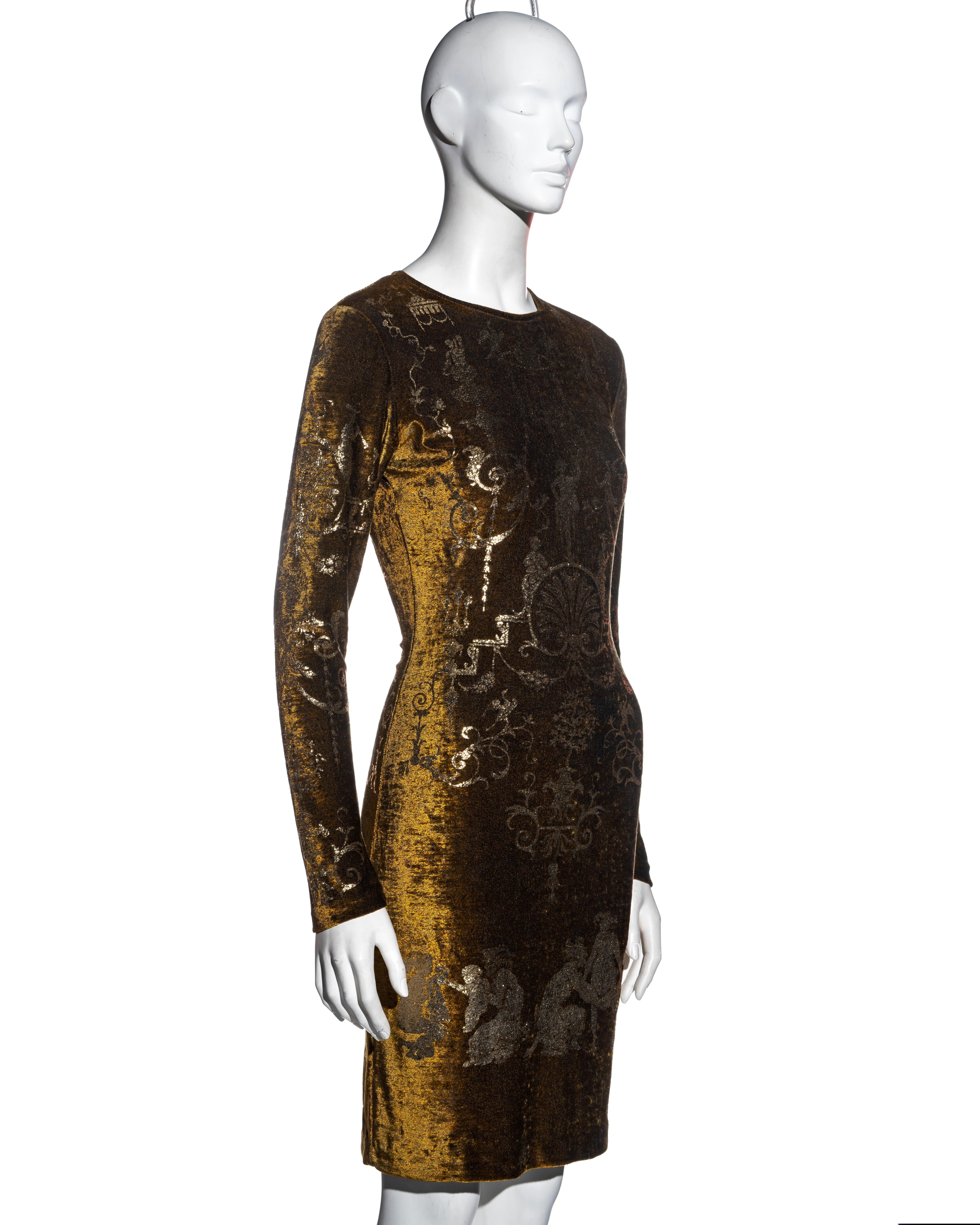 Black Vivienne Westwood bronze stretch-velvet and gold foil printed dress, fw 1990 For Sale