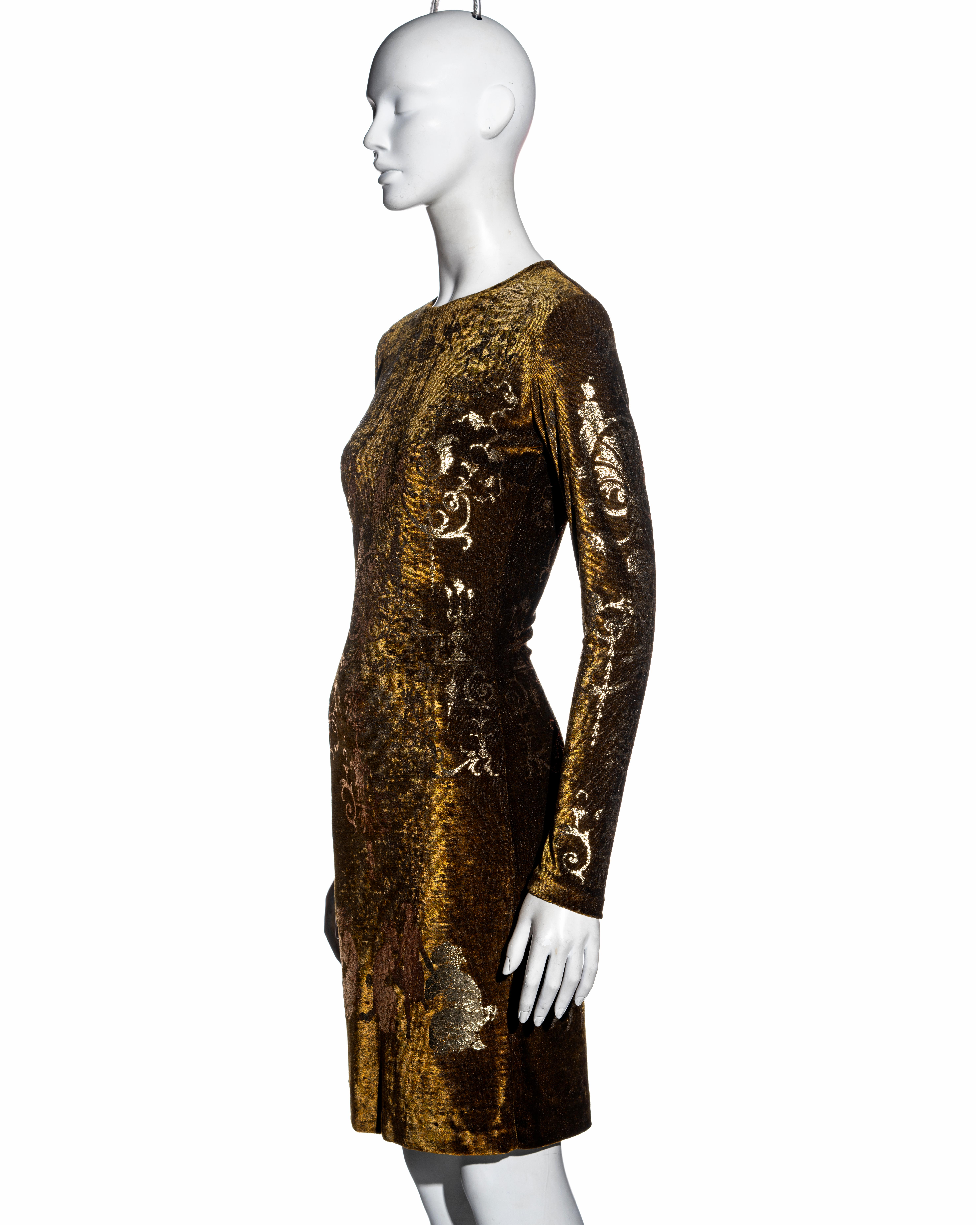 Vivienne Westwood bronze stretch-velvet and gold foil printed dress, fw 1990 In Good Condition For Sale In London, GB