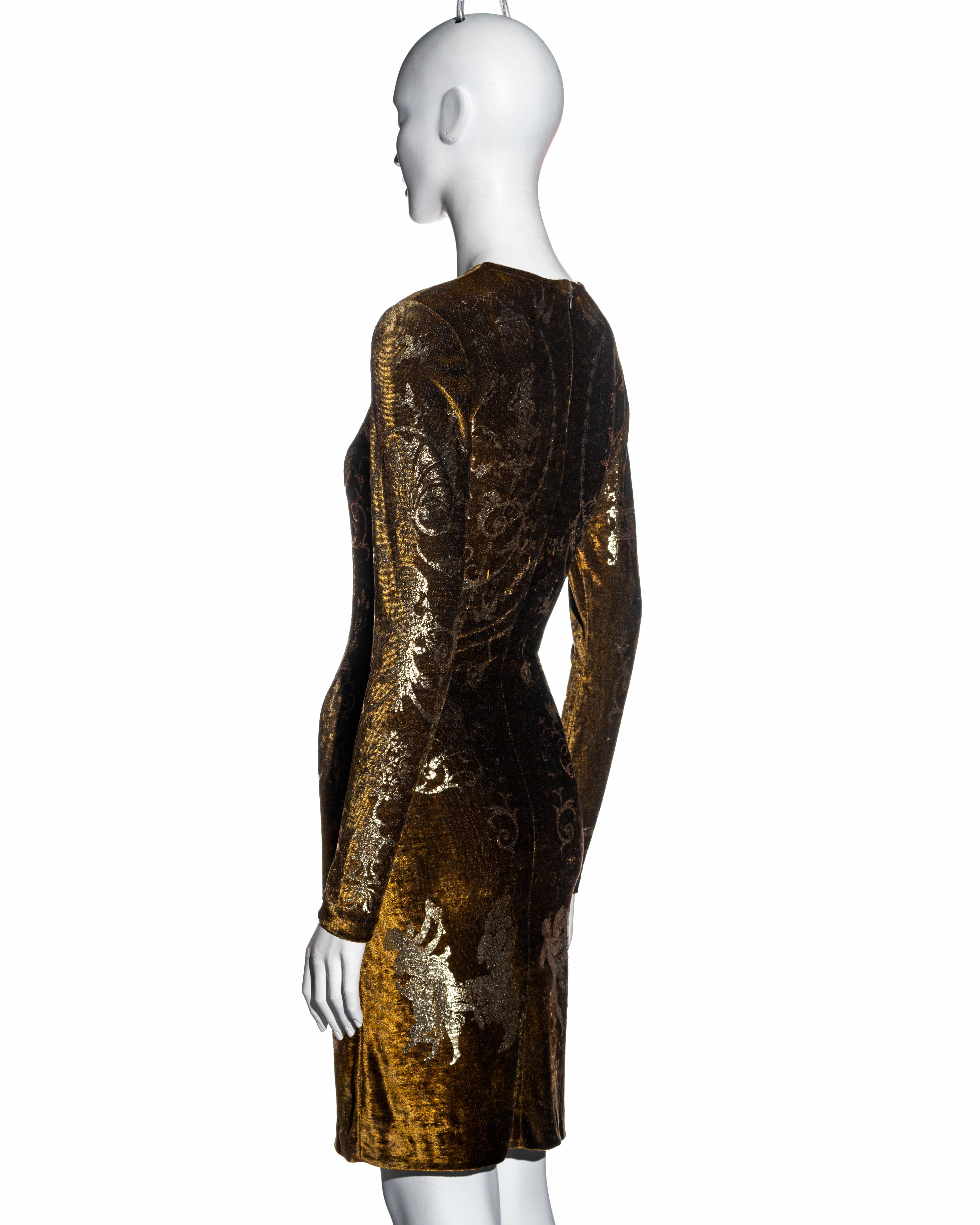 Women's Vivienne Westwood bronze stretch-velvet and gold foil printed dress, fw 1990 For Sale