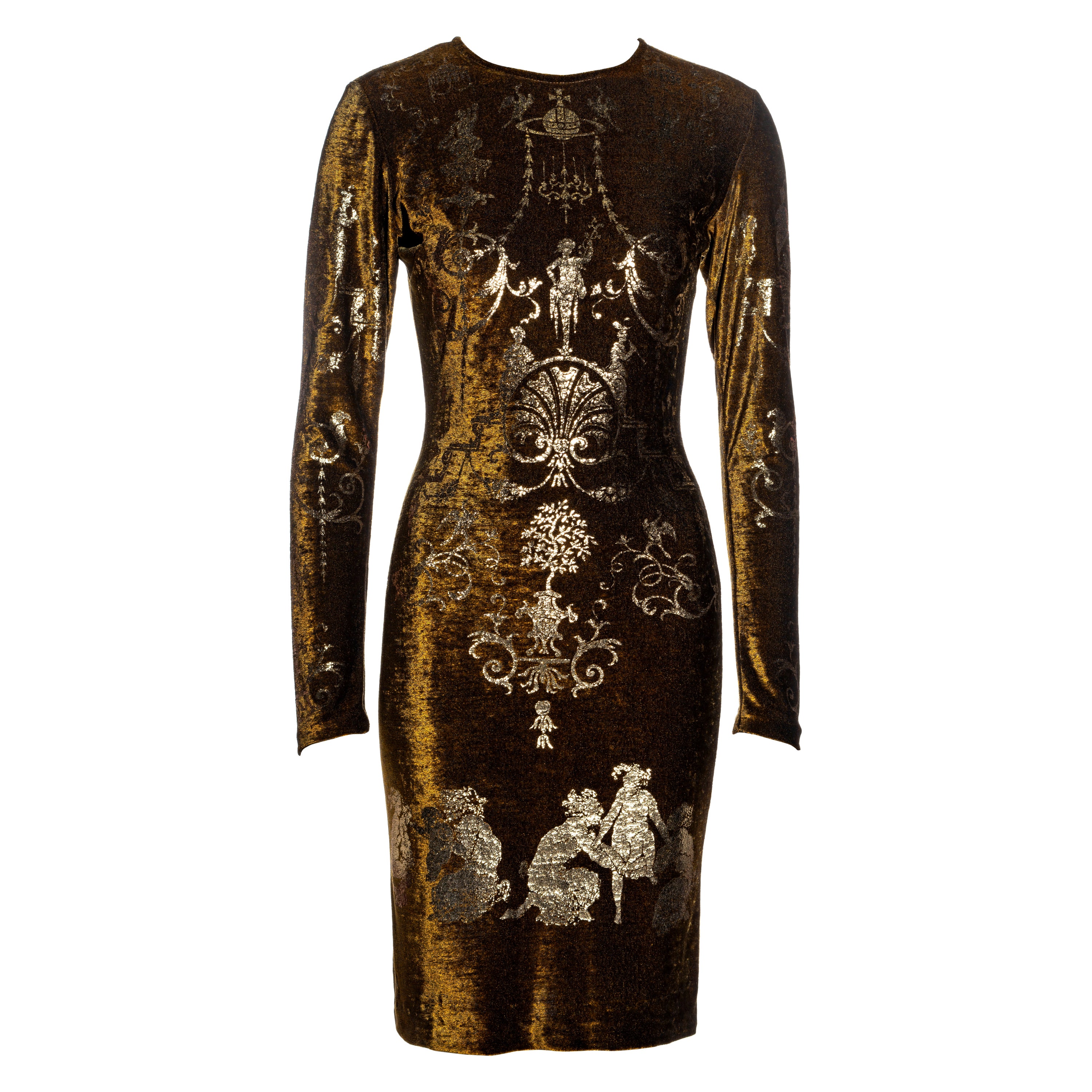 Abito stampato in velluto elasticizzato e lamina d'oro di Vivienne Westwood, collezione primavera-estate 1990