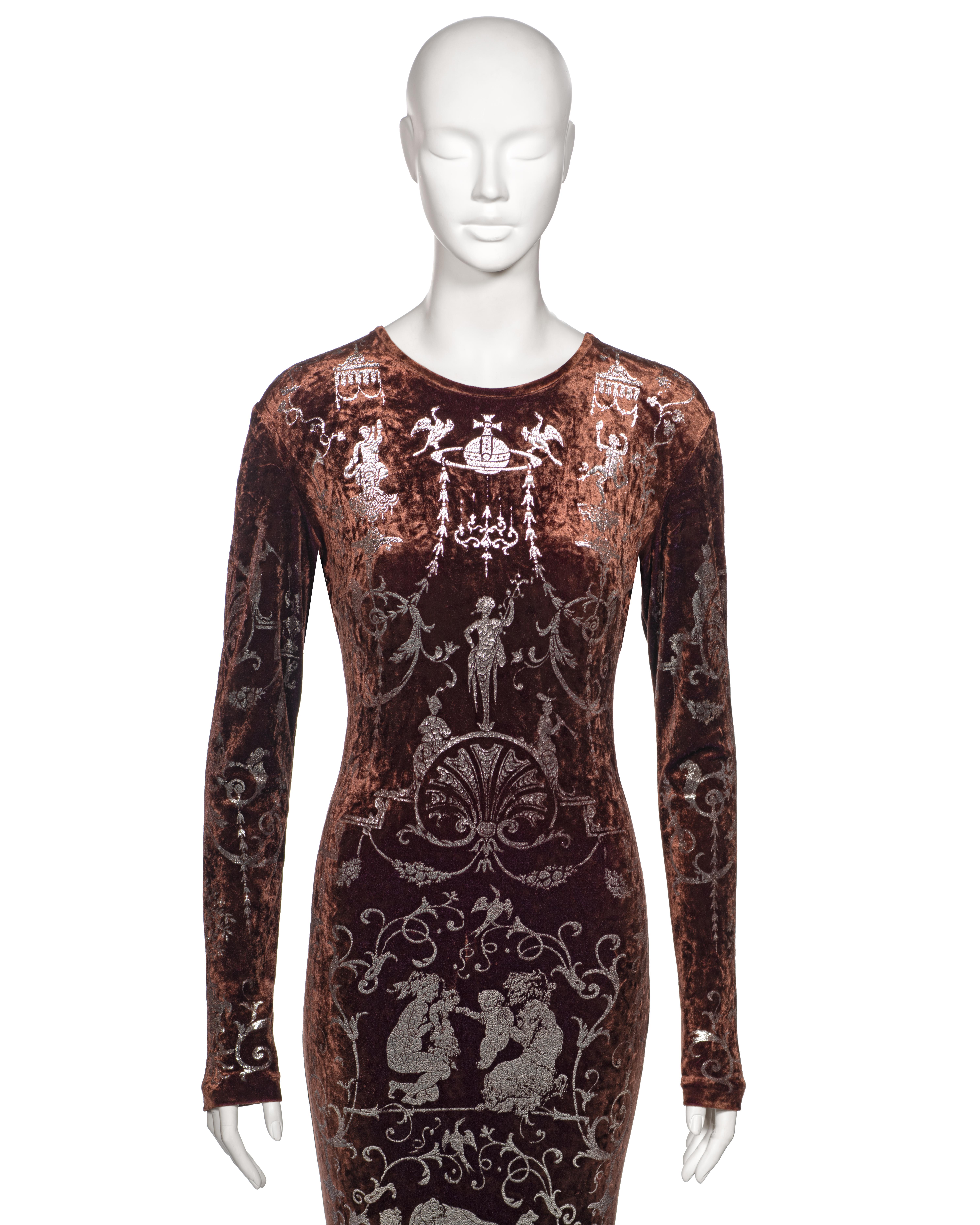 Vivienne Westwood Brown Crushed Velvet 'Portrait Collection' Maxi Dress, fw 1990 In Good Condition For Sale In London, GB