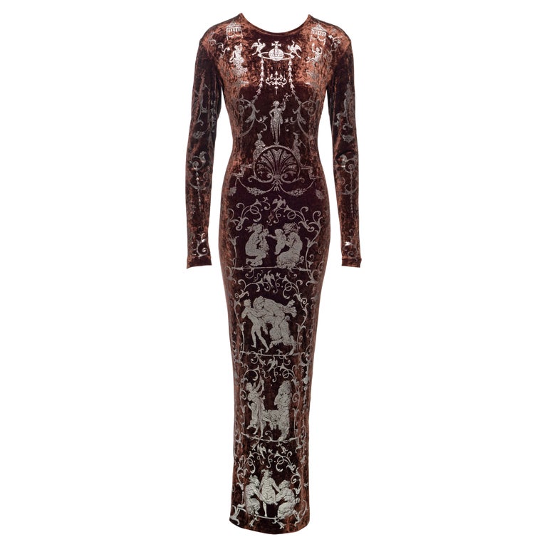 Vivienne Westwood Brown Crushed Velvet 'Portrait Collection' Maxi Dress, fw  1990 For Sale at 1stDibs