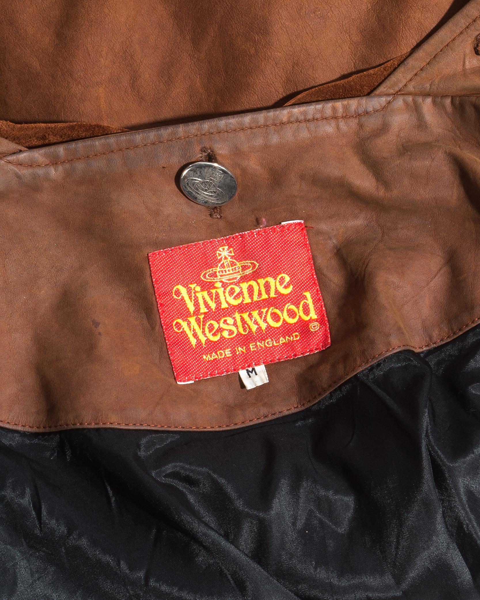 Women's Vivienne Westwood brown leather bomber jacket with detachable cape, ss 1992