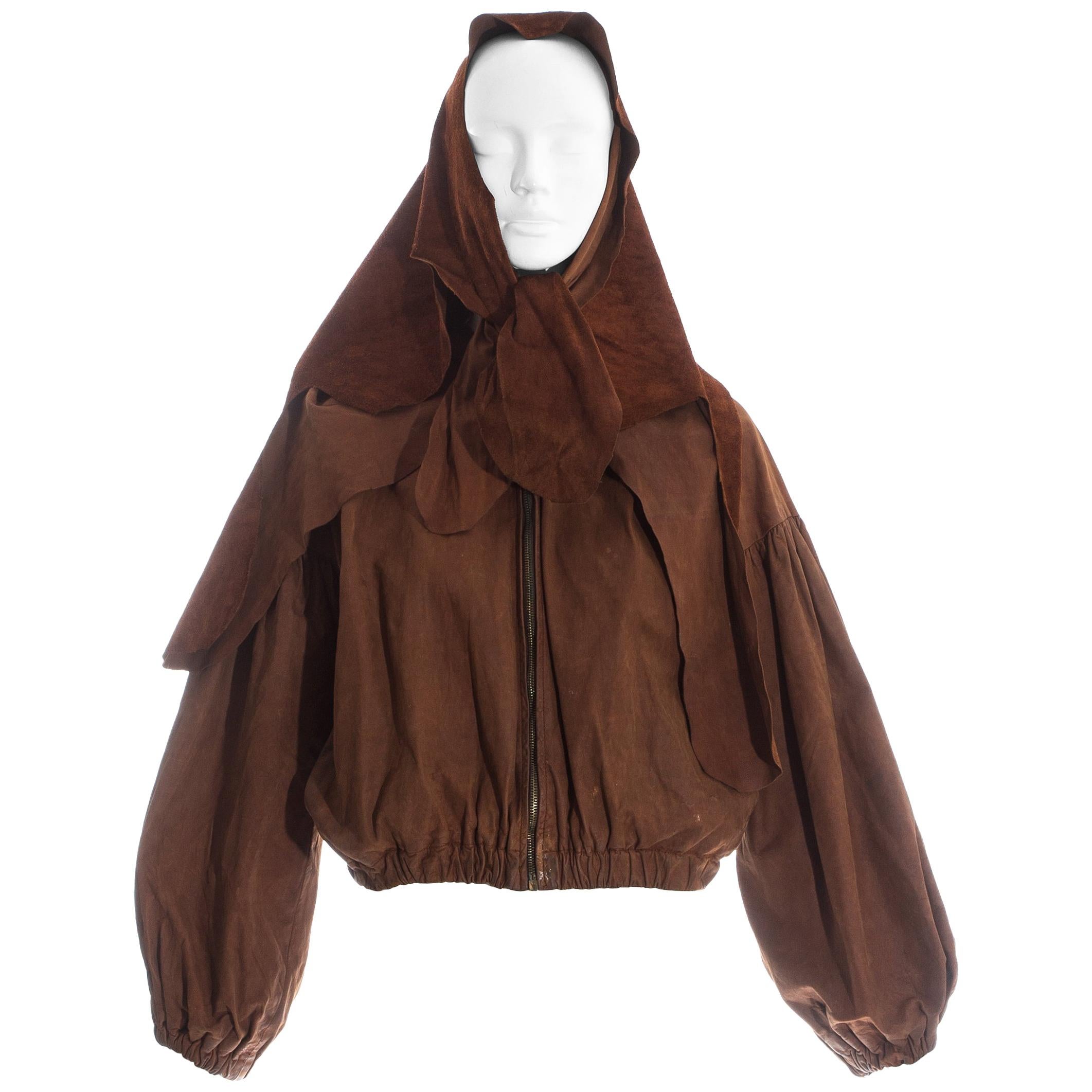 Vivienne Westwood brown leather bomber jacket with detachable cape, ss 1992