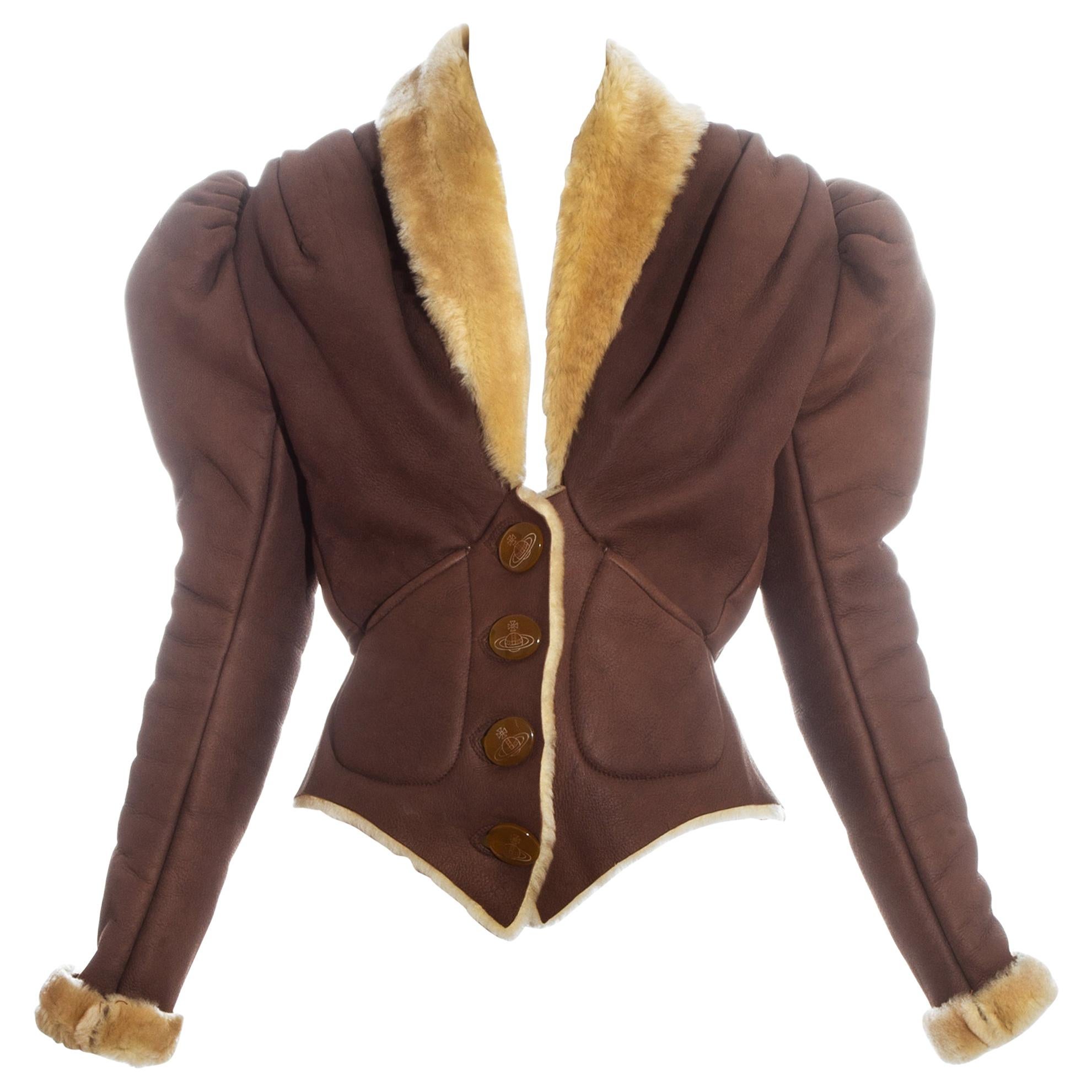 Vivienne Westwood brown leather sheepskin puff sleeve jacket, fw 1995