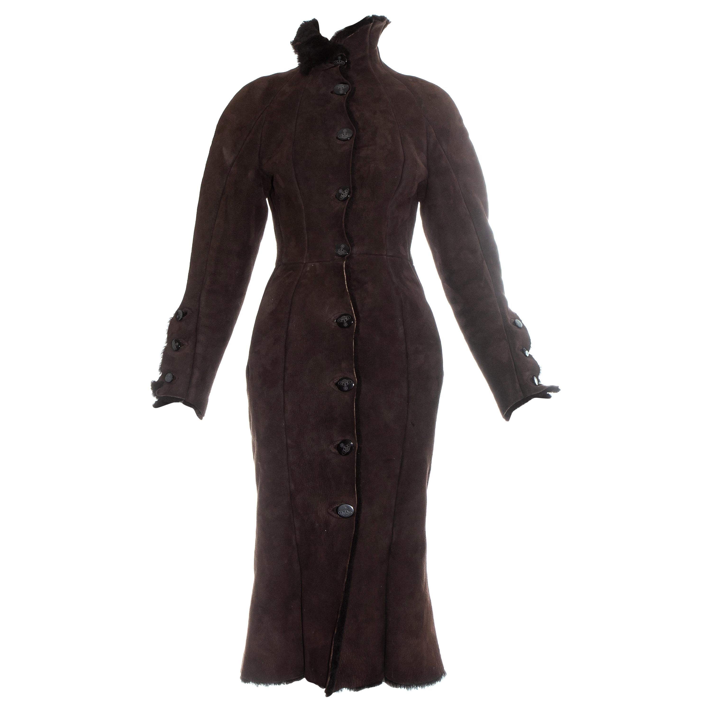 Vivienne Westwood brown shearling coat dress, fw 1992 For Sale