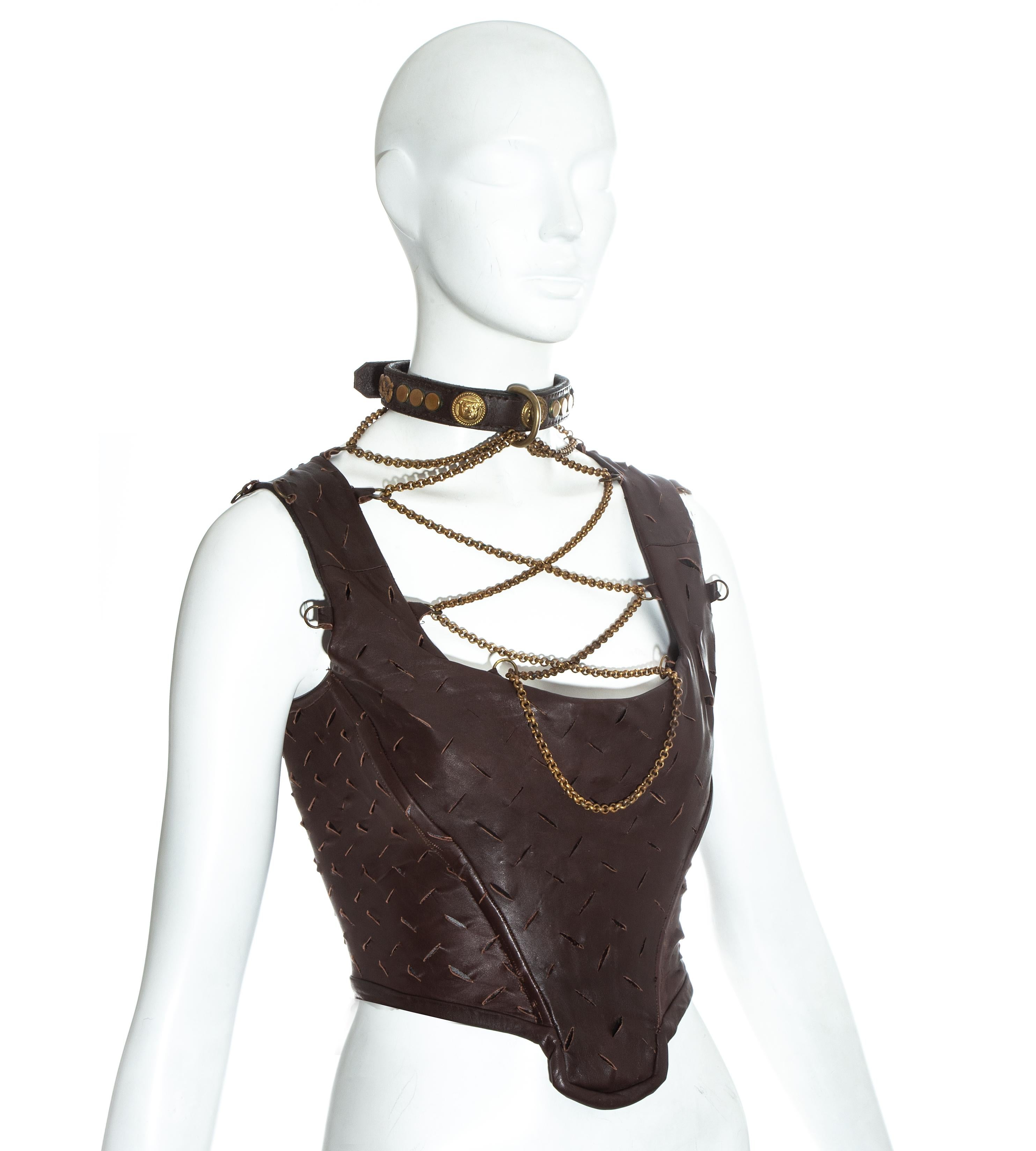 Black Vivienne Westwood brown slashed leather and gold chain corset, fw 1991