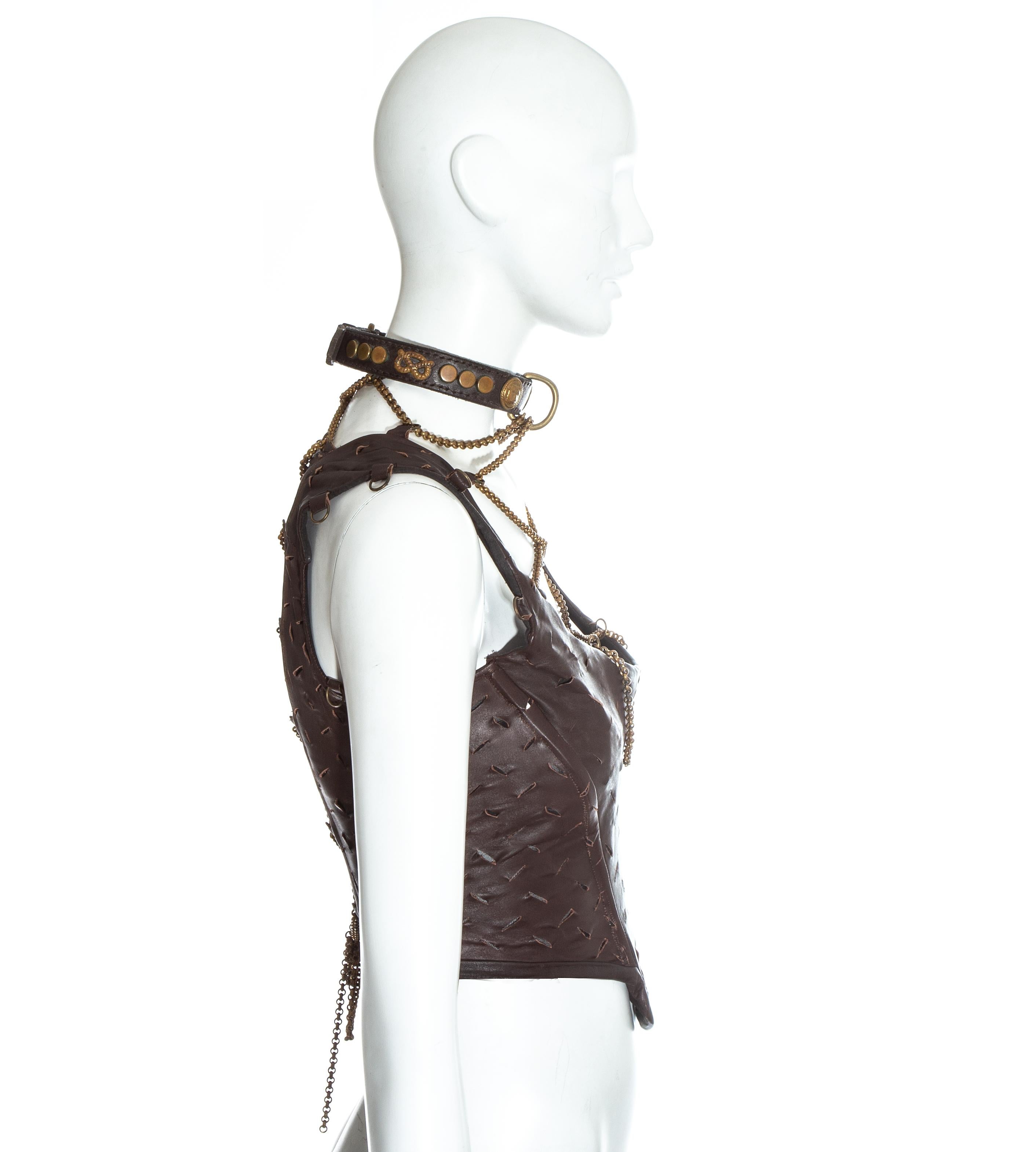 Vivienne Westwood brown slashed leather and gold chain corset, fw 1991 In Good Condition In London, GB