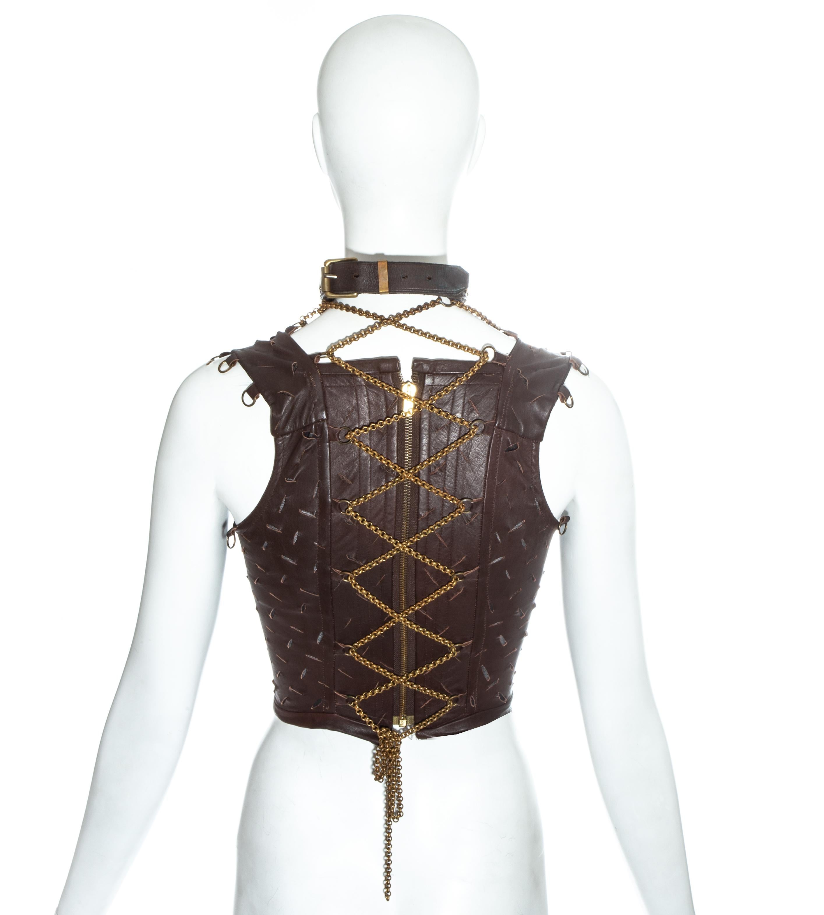 Women's Vivienne Westwood brown slashed leather and gold chain corset, fw 1991