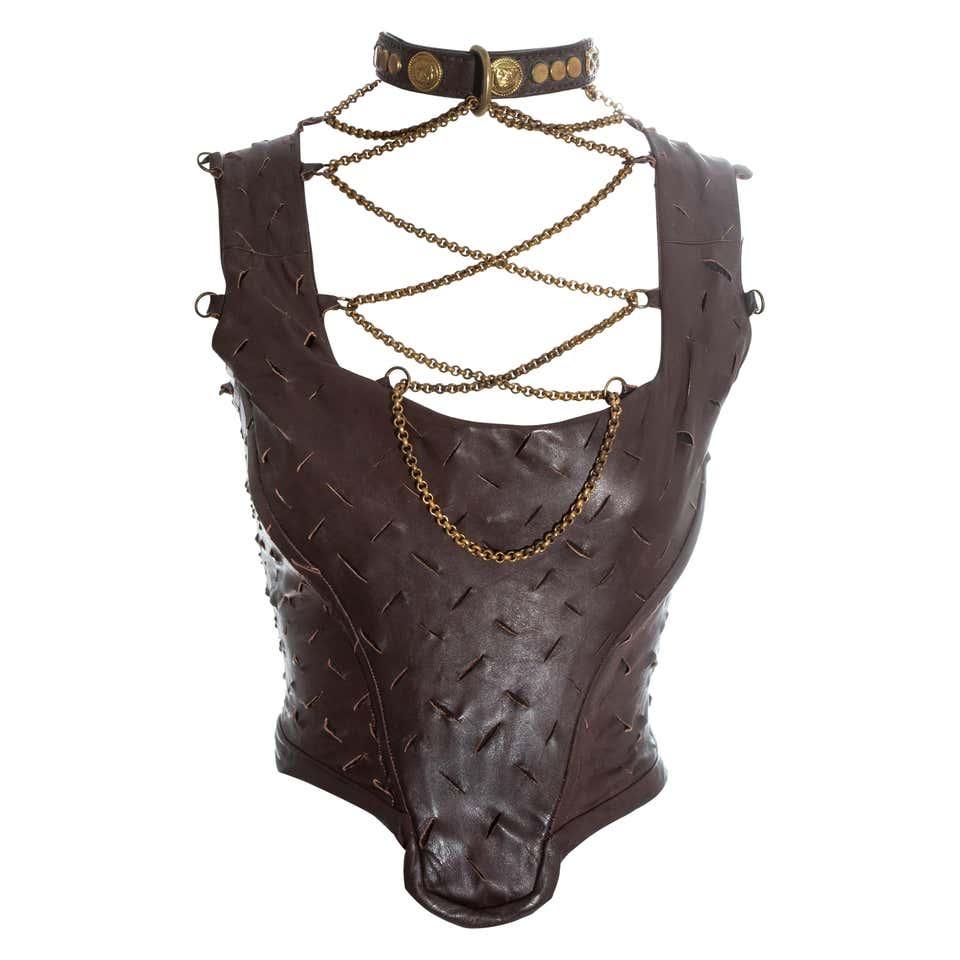 Vivienne Westwood brown slashed leather and gold chain corset, fw 1991 ...