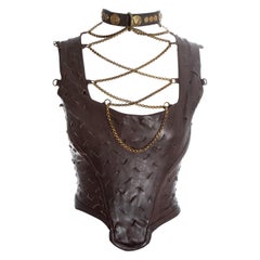 Vintage Vivienne Westwood brown slashed leather and gold chain corset, fw 1991
