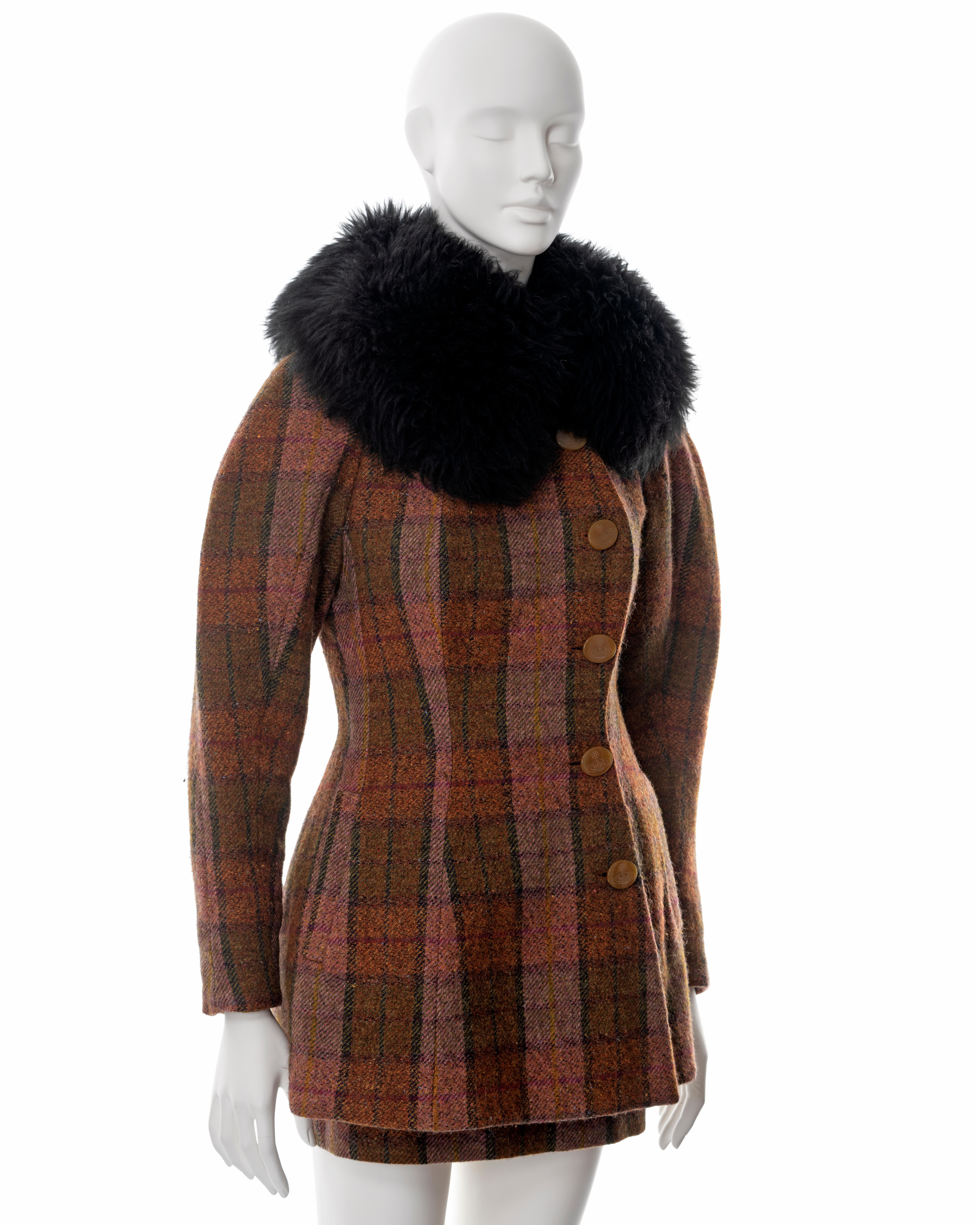 Vivienne Westwood brown tartan tweed skirt suit with sheepskin collar, fw 1995 1