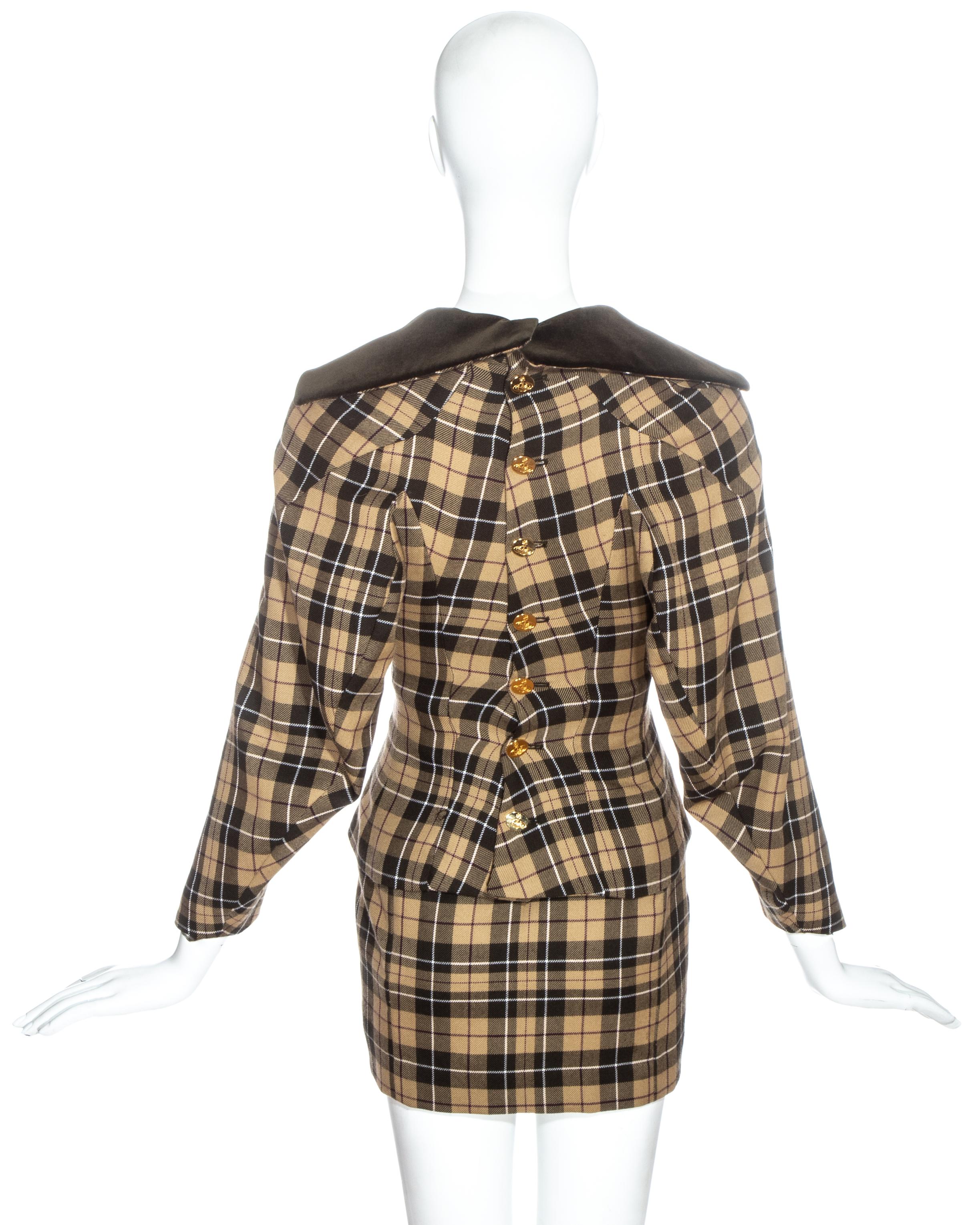 Black Vivienne Westwood brown tartan wool and velvet mini skirt suit, fw 1997 For Sale