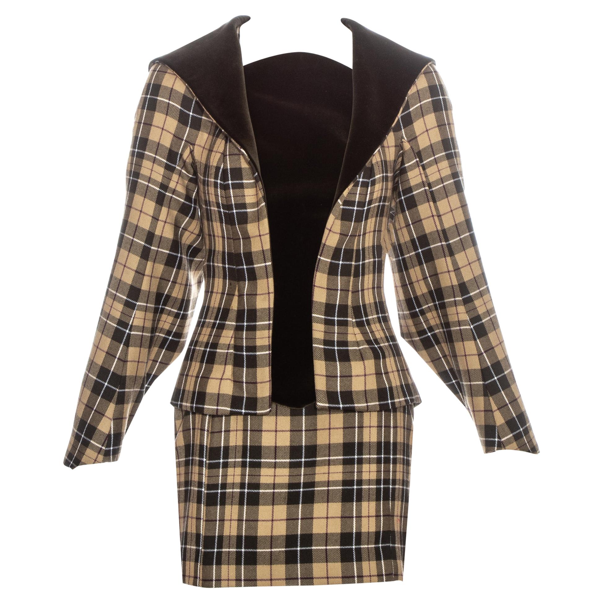 Vivienne Westwood brown tartan wool and velvet mini skirt suit, fw 1997 For Sale