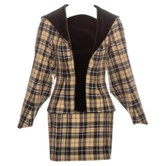 Retro Vivienne Westwood brown tartan wool and velvet mini skirt suit, fw 1997