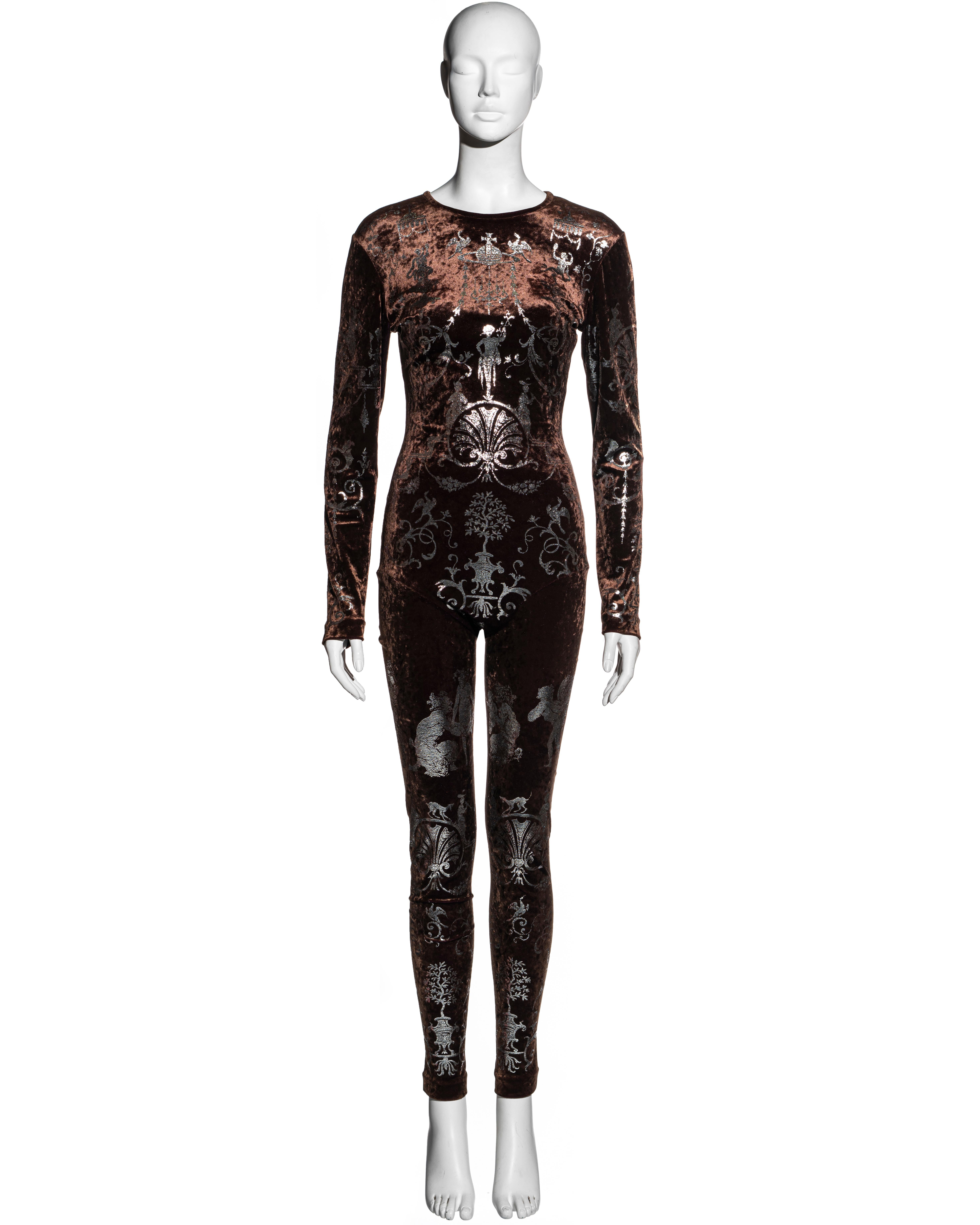 ▪ Vivienne Westwood brown velvet bodystocking 
▪ Silver foil neoclassical print inspired by Andre-Charles Boulle
▪ Concealed zipper at center-back 
▪ Size Medium
▪ Portrait Collection, Fall-Winter 1990