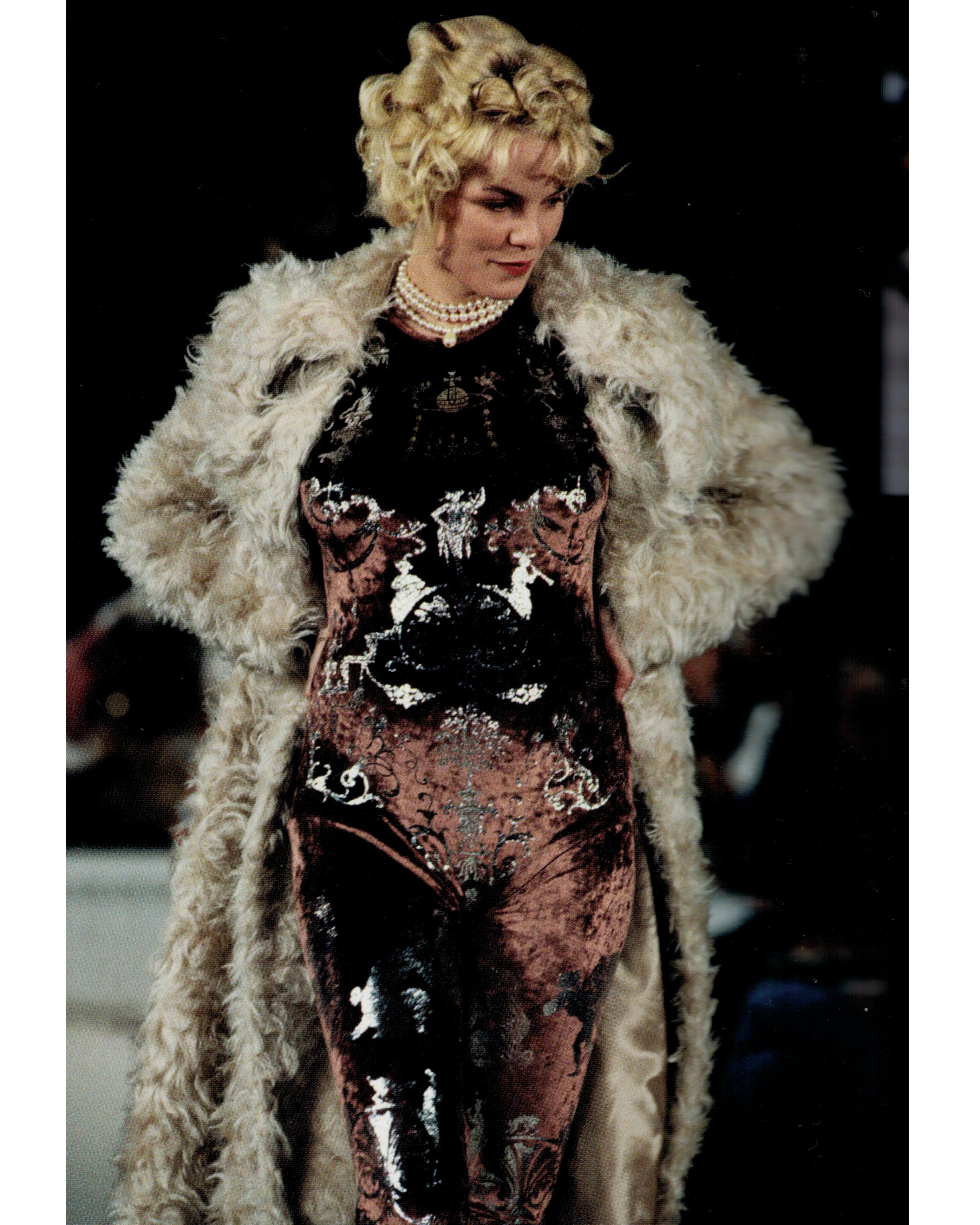Black Vivienne Westwood brown velvet bodystocking with silver foil print, fw 1990
