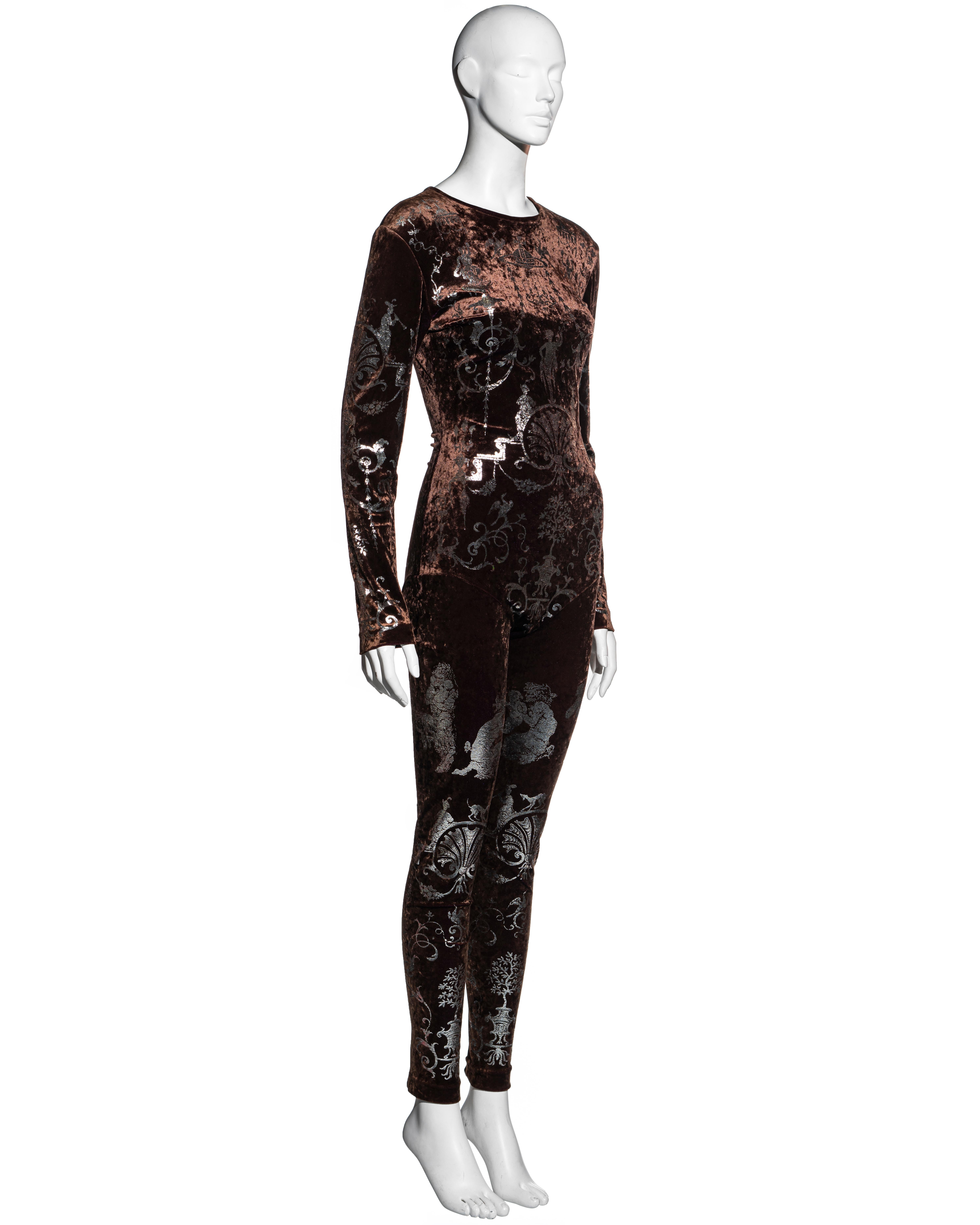 Women's Vivienne Westwood brown velvet bodystocking with silver foil print, fw 1990