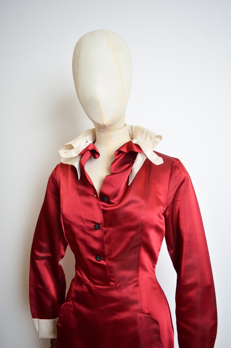 Vivienne Westwood Circa. 1993 Ruby Red Satin White Collar Shirt Dress at  1stDibs