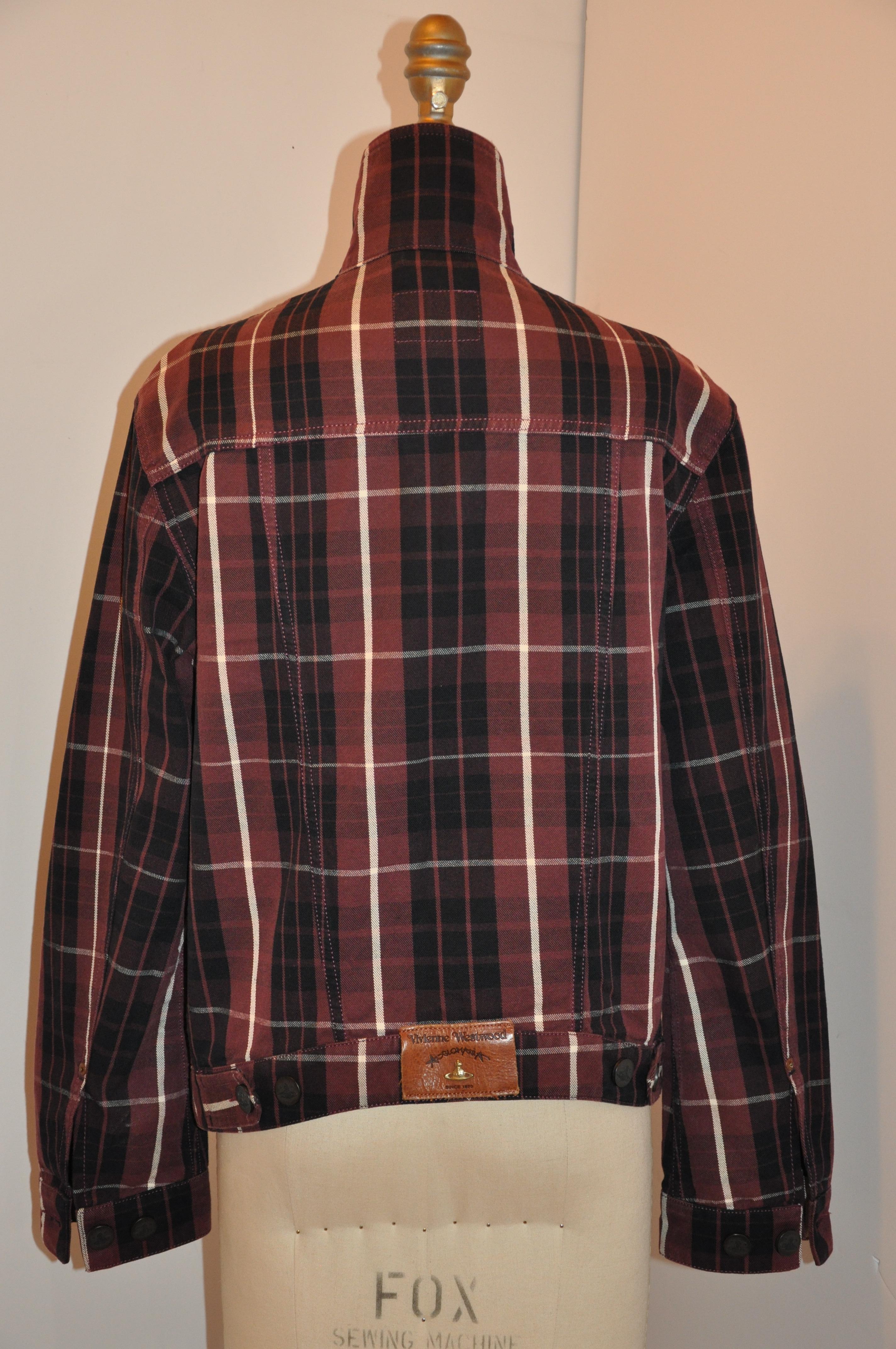Rare Vivienne Westwood Coco-Brown, Black & Cream Cotton Plaid Button Jacket In Good Condition For Sale In New York, NY