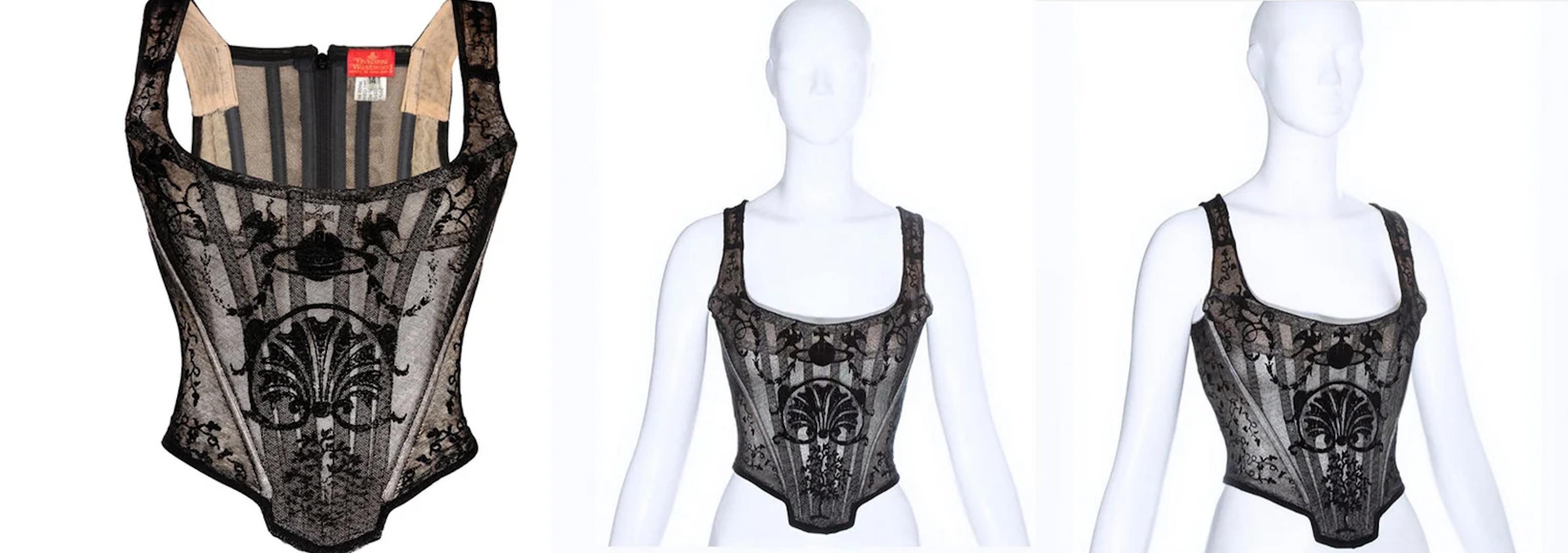 
HOLY GRAIL
Extremely rare original Vivienne Westwood corset. Spring Summer Collection 1992. Worn on the runway as well as seen on Susie Cave.
Black lace mesh corset with signature André-Charles Boulle pattern. Internal boning.

Iconic.
Vivienne