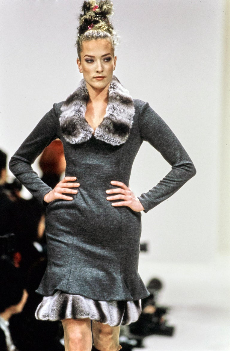 Vivienne Westwood corseted grey wool dress with faux fur collar fw 1994 For  Sale at 1stDibs
