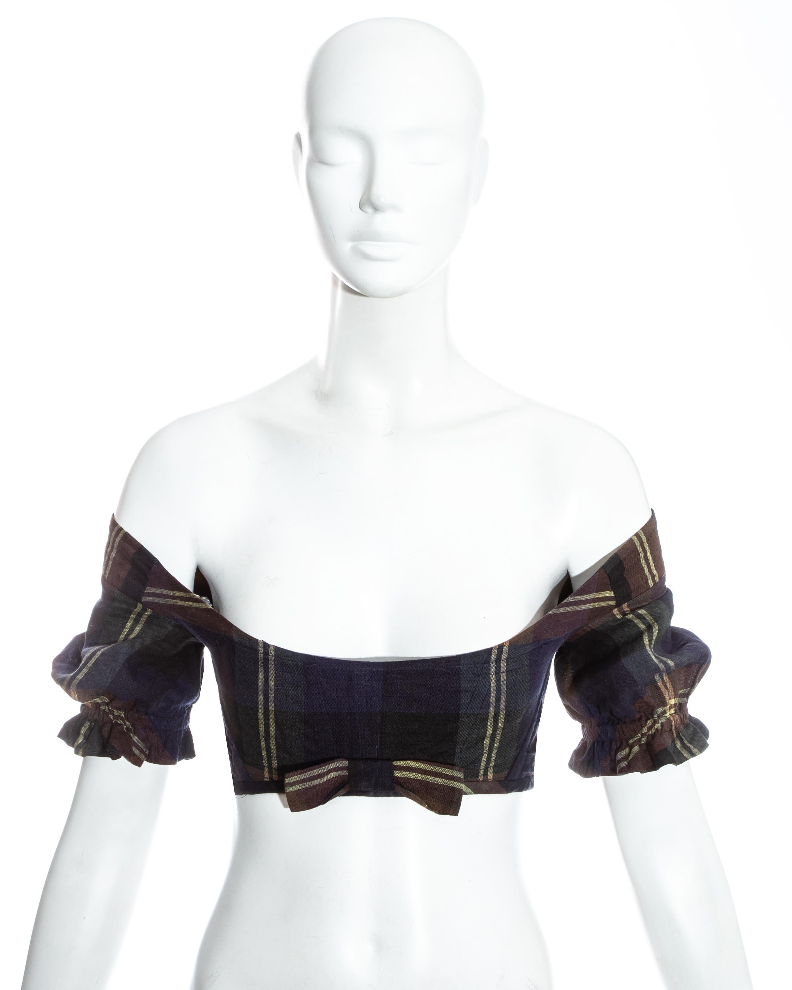 Vivienne Westwood navy blue cotton checked cropped corset top with internal boning, puff sleeves with elastic cuffs and decorative bow. 

c. 1990s