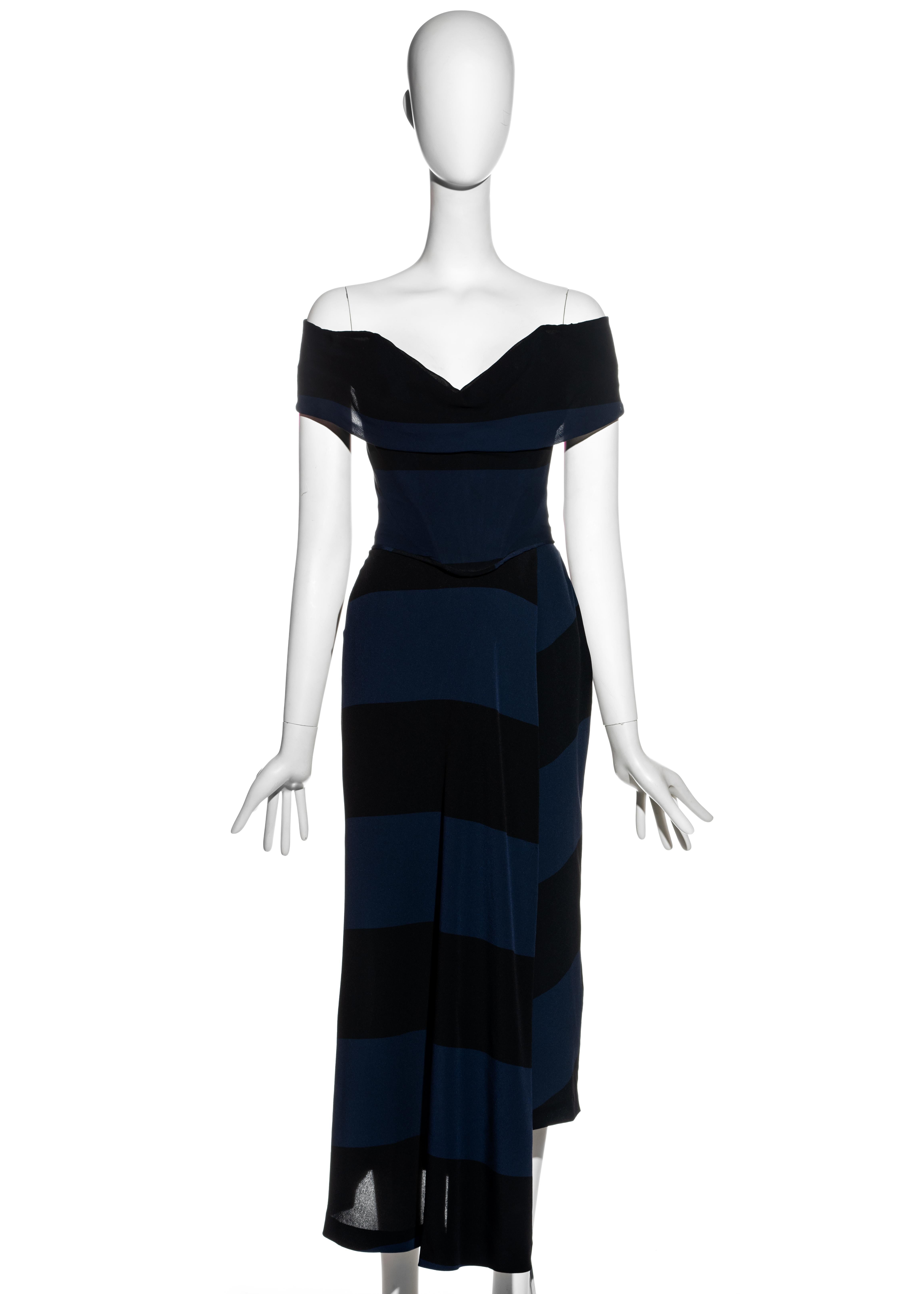 ▪ Vivienne Westwood Couture navy striped chiffon evening two piece
▪ 100% Silk
▪ Off-shoulder corset with draped neckline 
▪ Internal boning designed to cinch the waist and push breasts up 
▪ Wrap-over skirt with with asymmetric hemline 
▪ FR 38 -