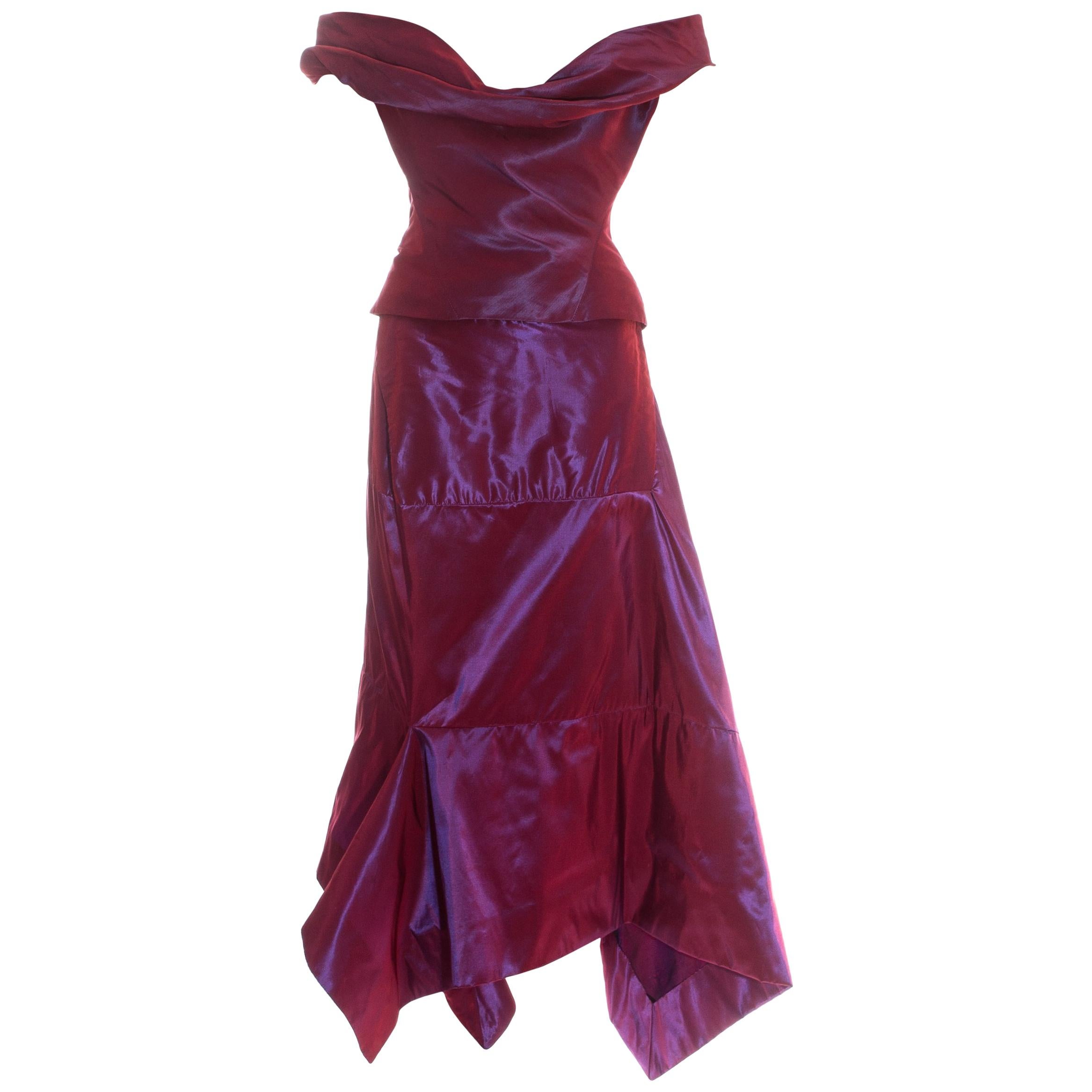Vivienne Westwood couture purple iridescent taffeta corset and skirt, c. 1990s For Sale
