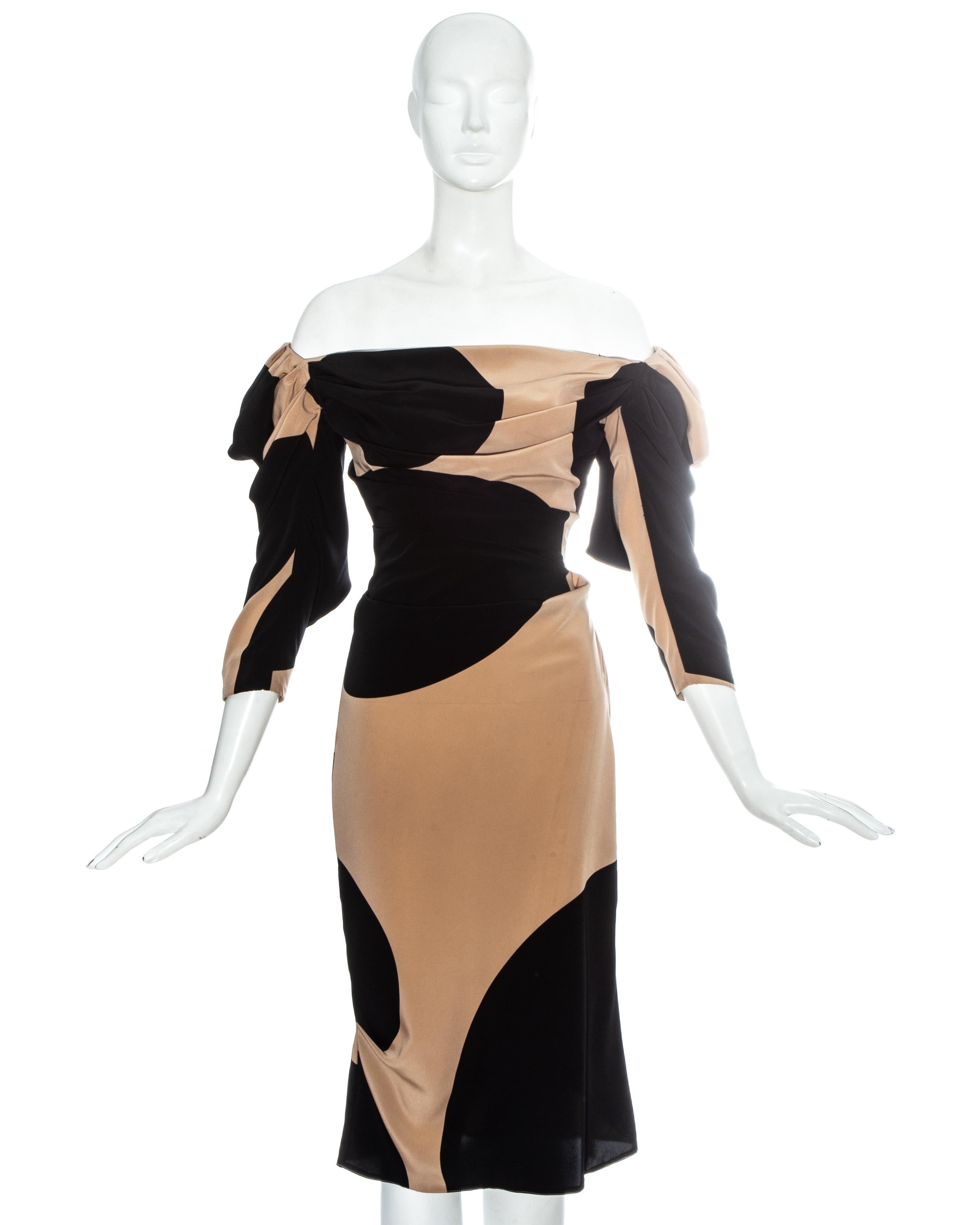 Vivienne Westwood cow print nude and black silk mid-length evening dress with built-in corset and draped off-shoulder neckline

Spring-Summer 1999