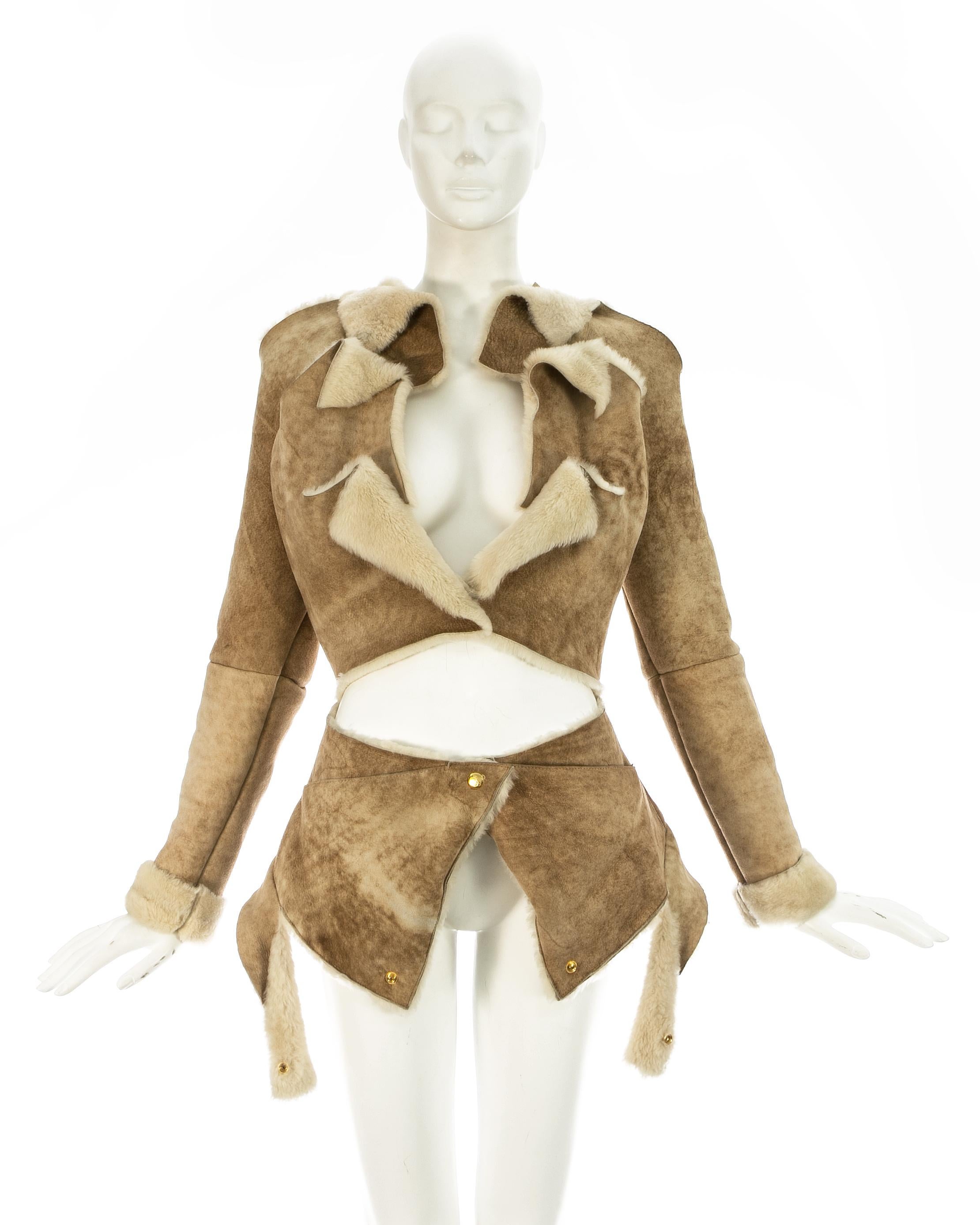 Vivienne Westwood; cream shearling sheepskin deconstructed jacket with raw edges and gold snap buttons closures throughout. Can be styled in multiple ways. 

Fall-Winter 1999
