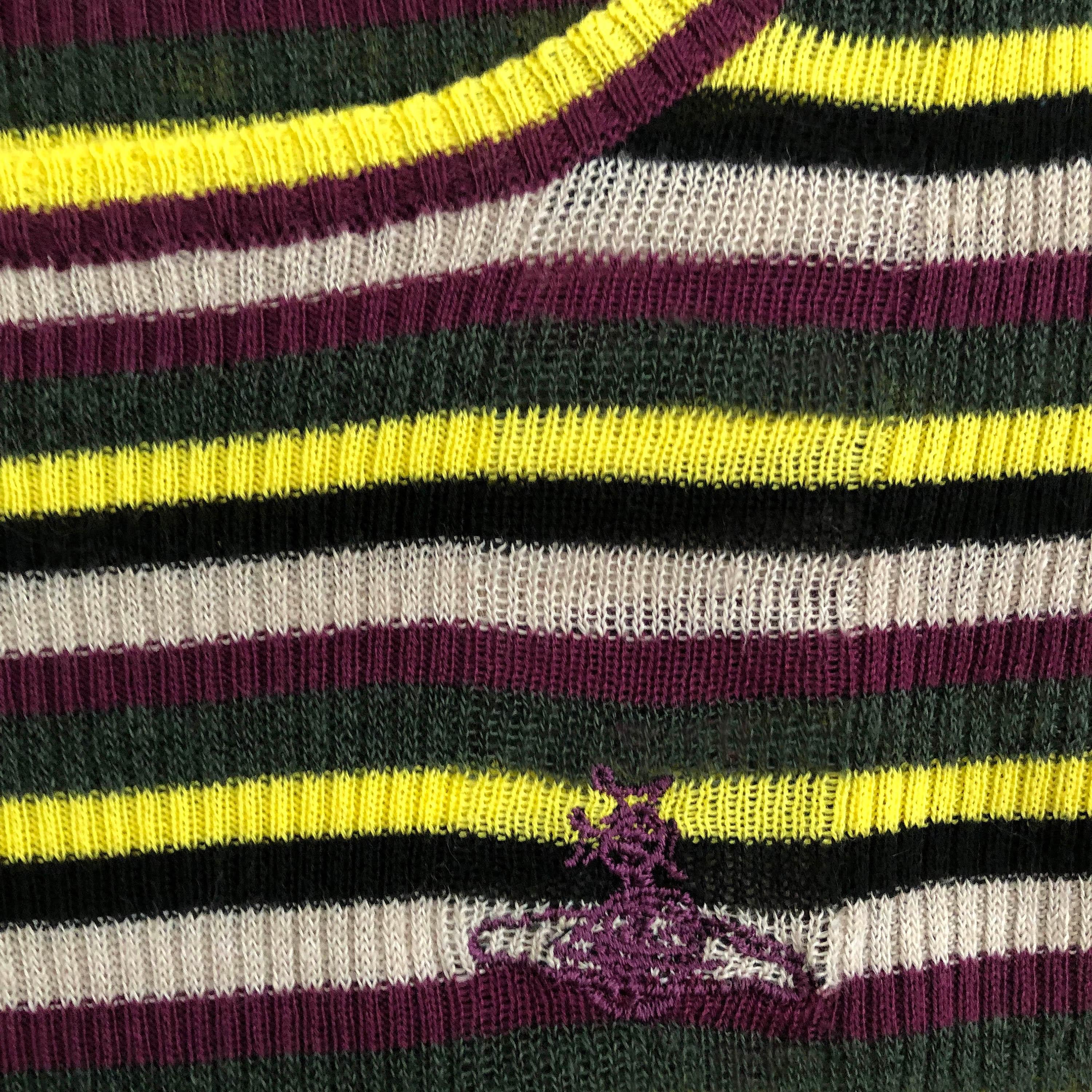 Product Details: Vivienne Westwood Dress - Multi Striped Stretch Knit - Embroidered ‘Orb’ Logo / Front Dress - Short Sleeves - Round Scooped Neck Detail 
Label: Vivienne Westwood
Size: L (Fits UK 8 to UK 12)
Fabric Content: Yellow, Aubergine, Black