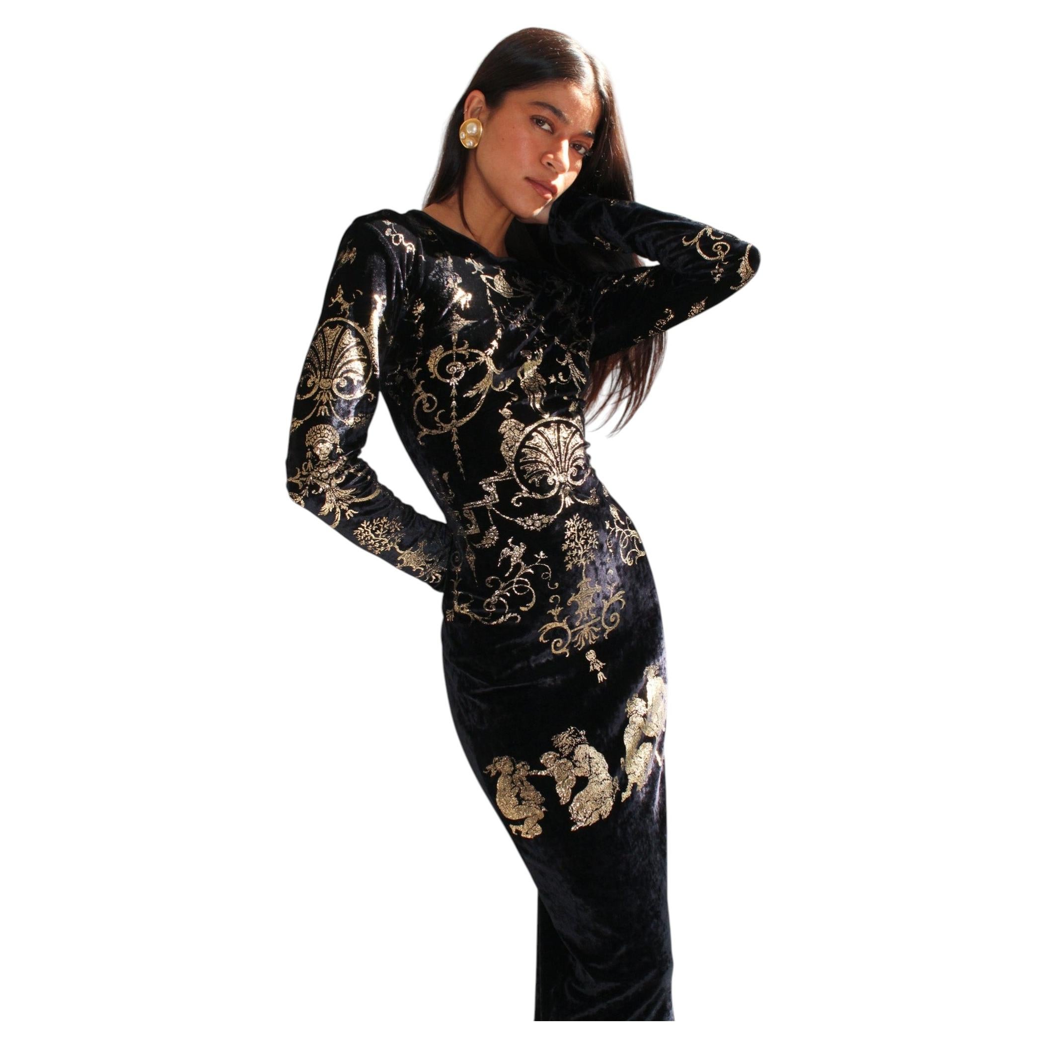 Vivienne Westwood F/W 1990 Portrait Metallic Boulle Print Velvet Maxi Dress