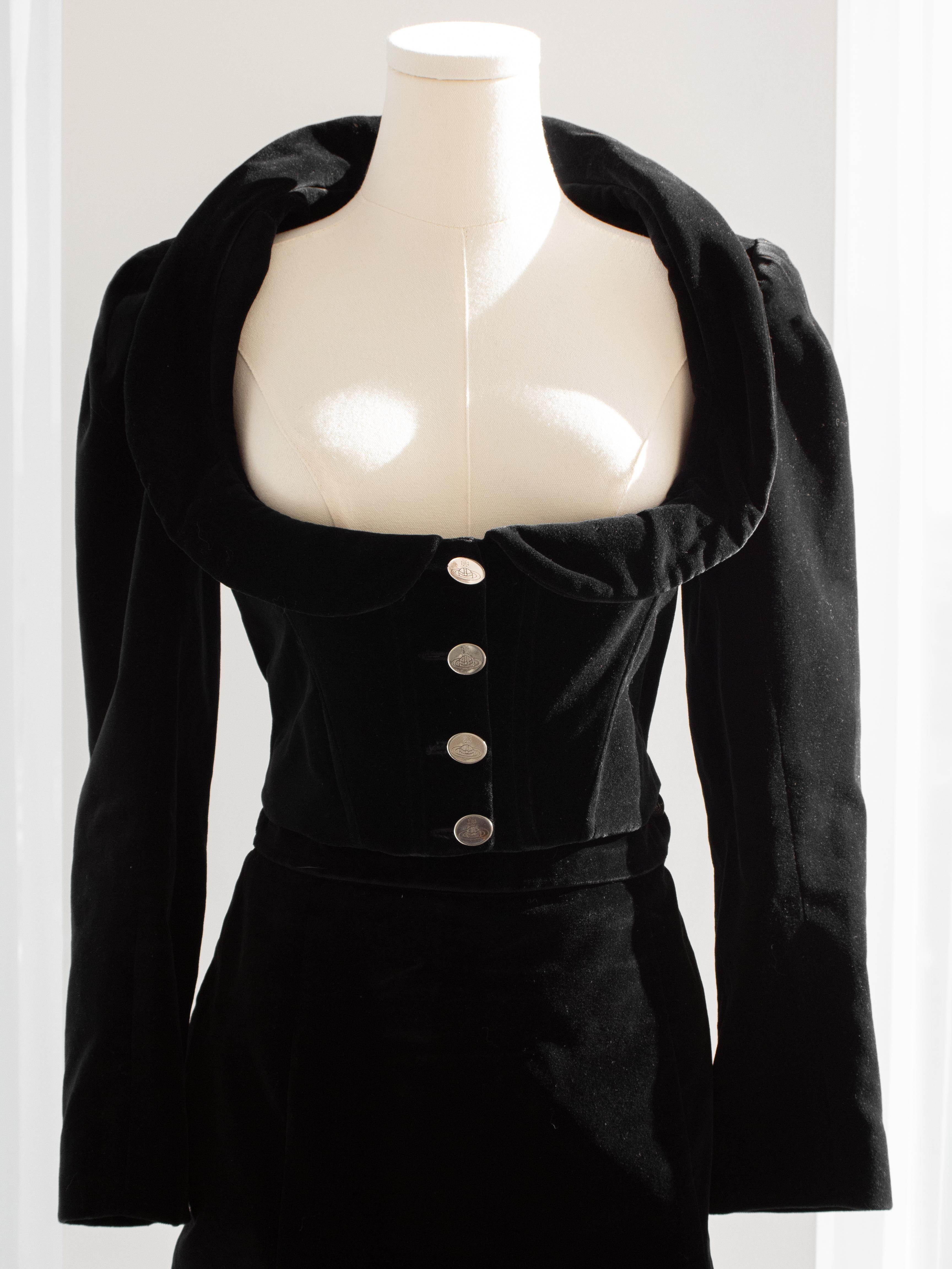 Vivienne Westwood F/W1988 Time Machine Black Velvet White Bustle Mini Skirt Suit For Sale 2