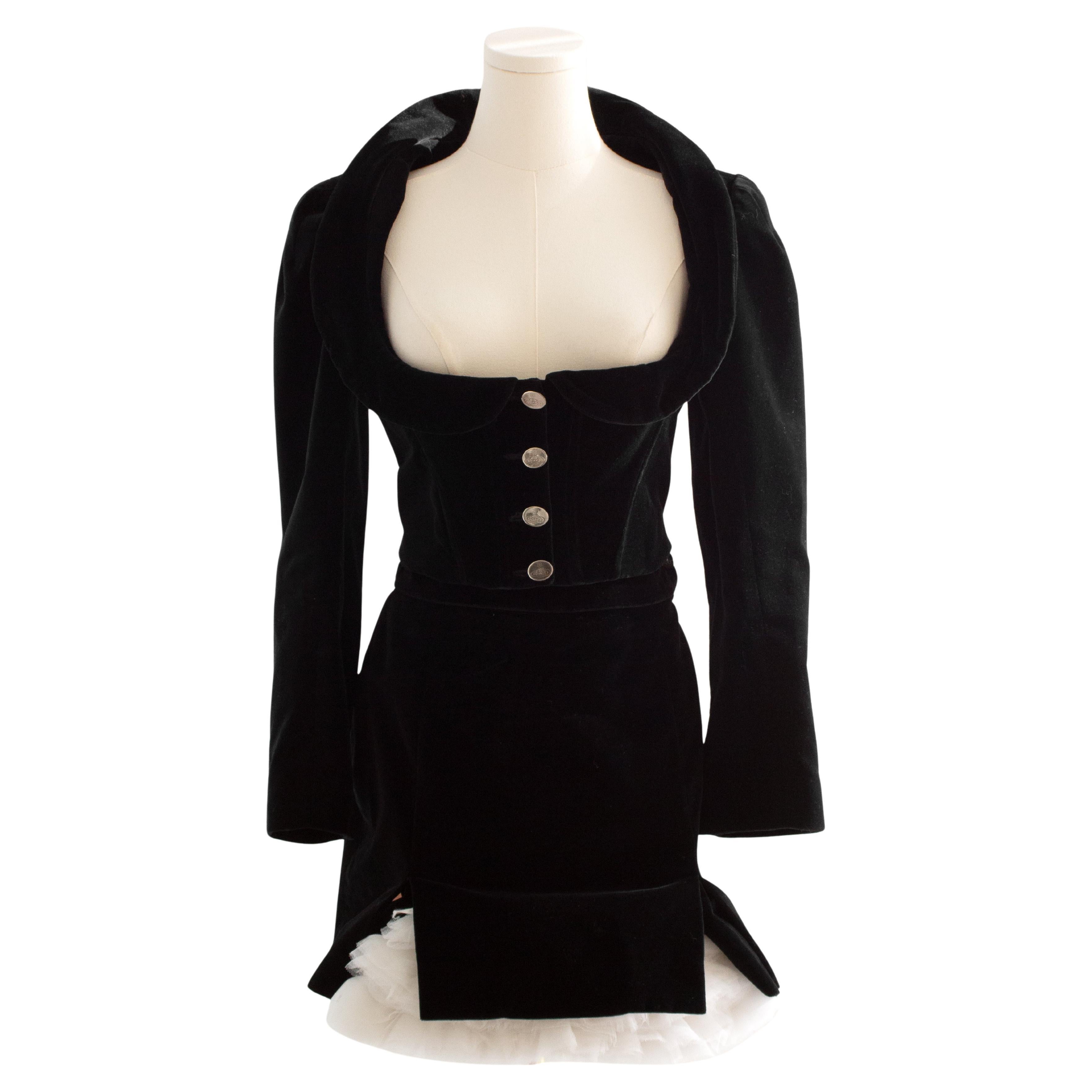Vivienne Westwood F/W1988 Time Machine Black Velvet White Bustle Mini Skirt Suit For Sale