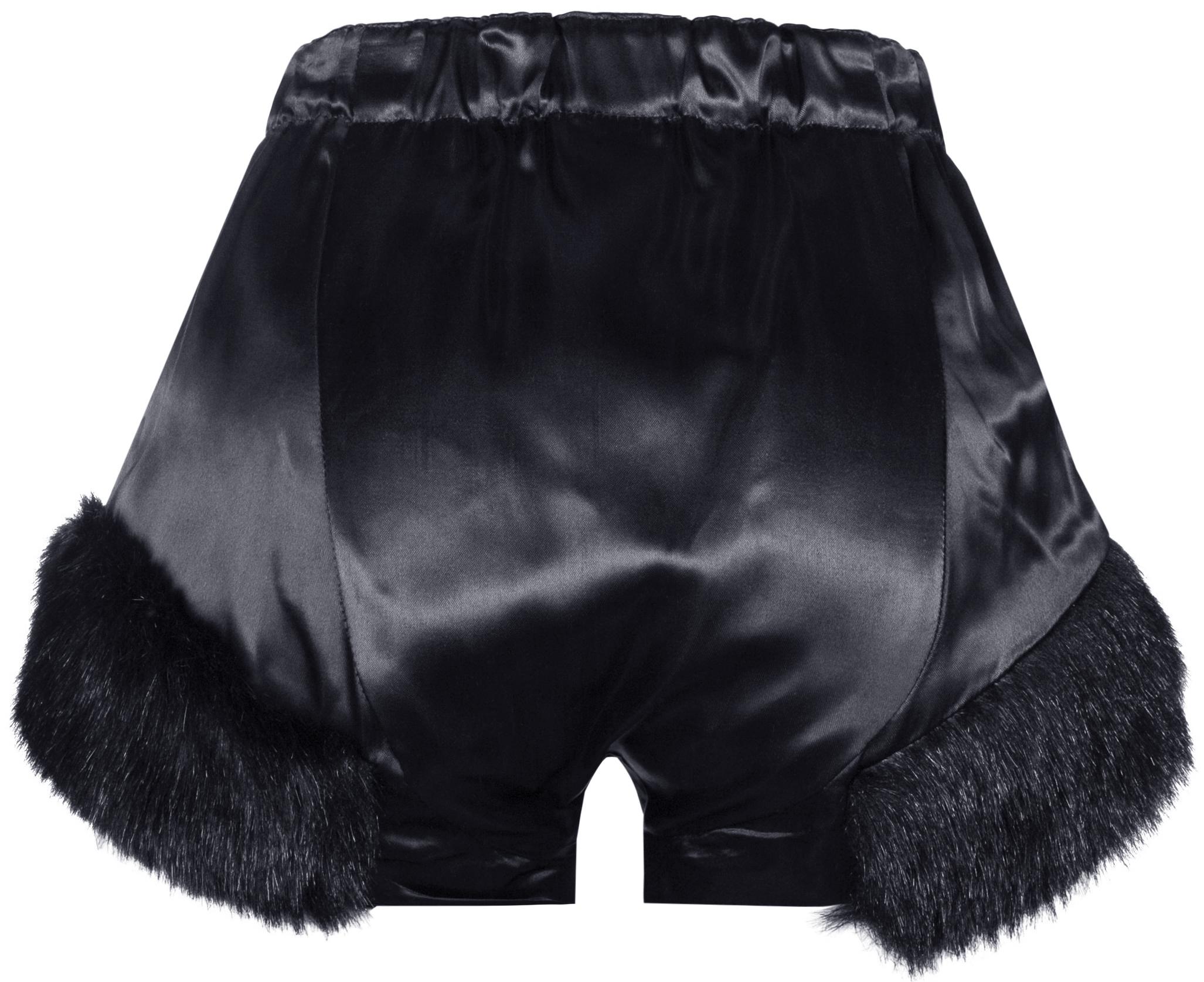 Stretchy hot pants in black satin adorned with faux fur trim, an elasticized waistband, and gold button orb detailing from the fall 1991/1992 