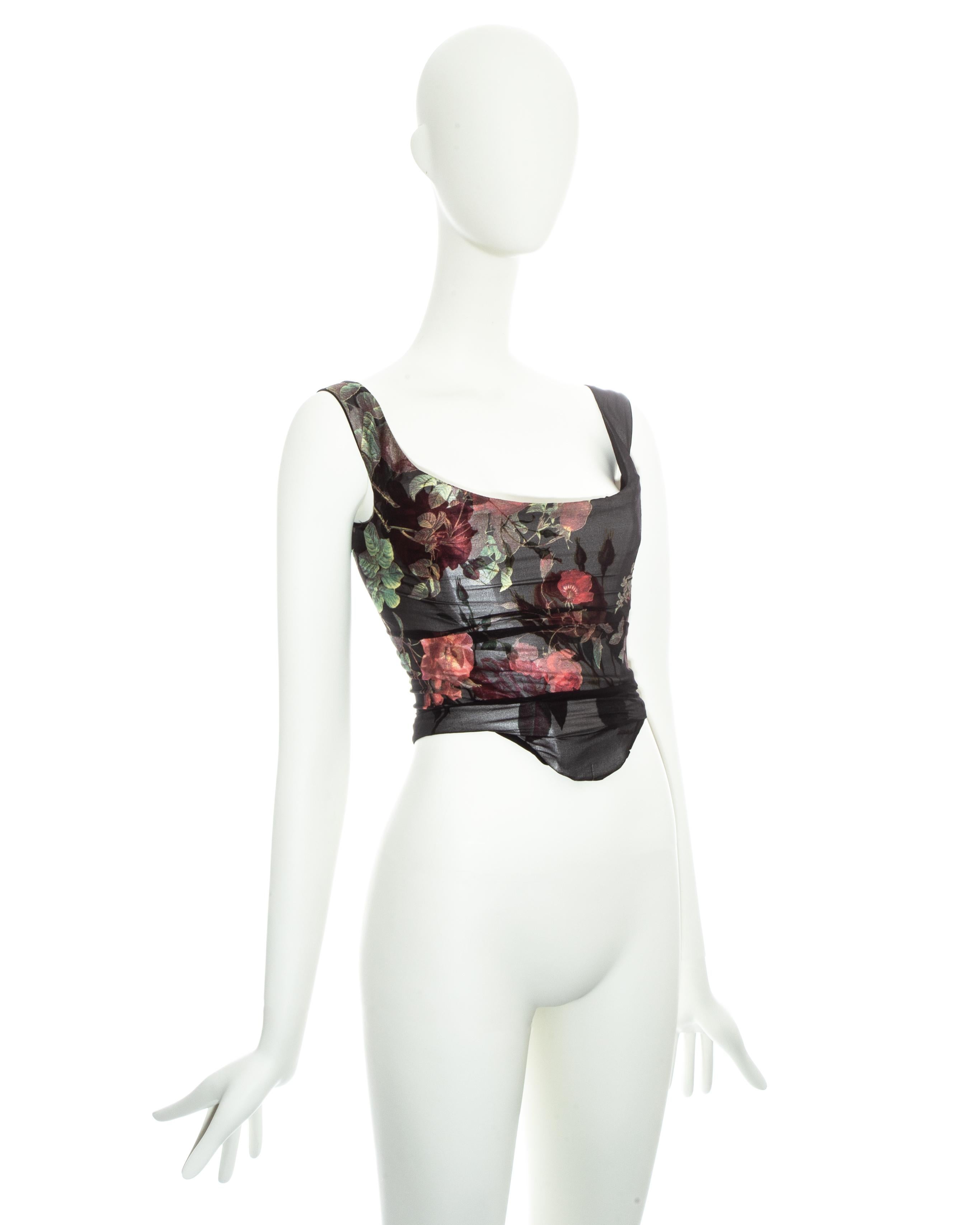 Vivienne Westwood floral printed silk chiffon corset with internal boning, designed to cinch the waist and push the breasts up. 

Spring-Summer 1994